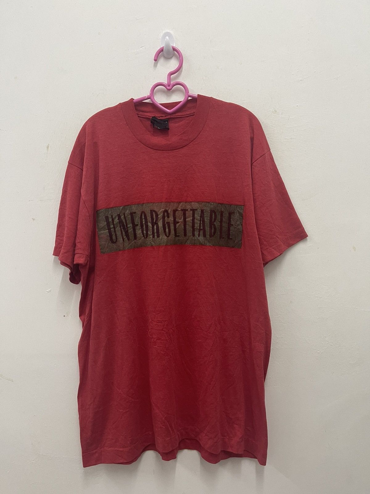 image of 90's Vintage Revlon Unforgettable Perfume Spell Out Tee in Red, Men's (Size XL)