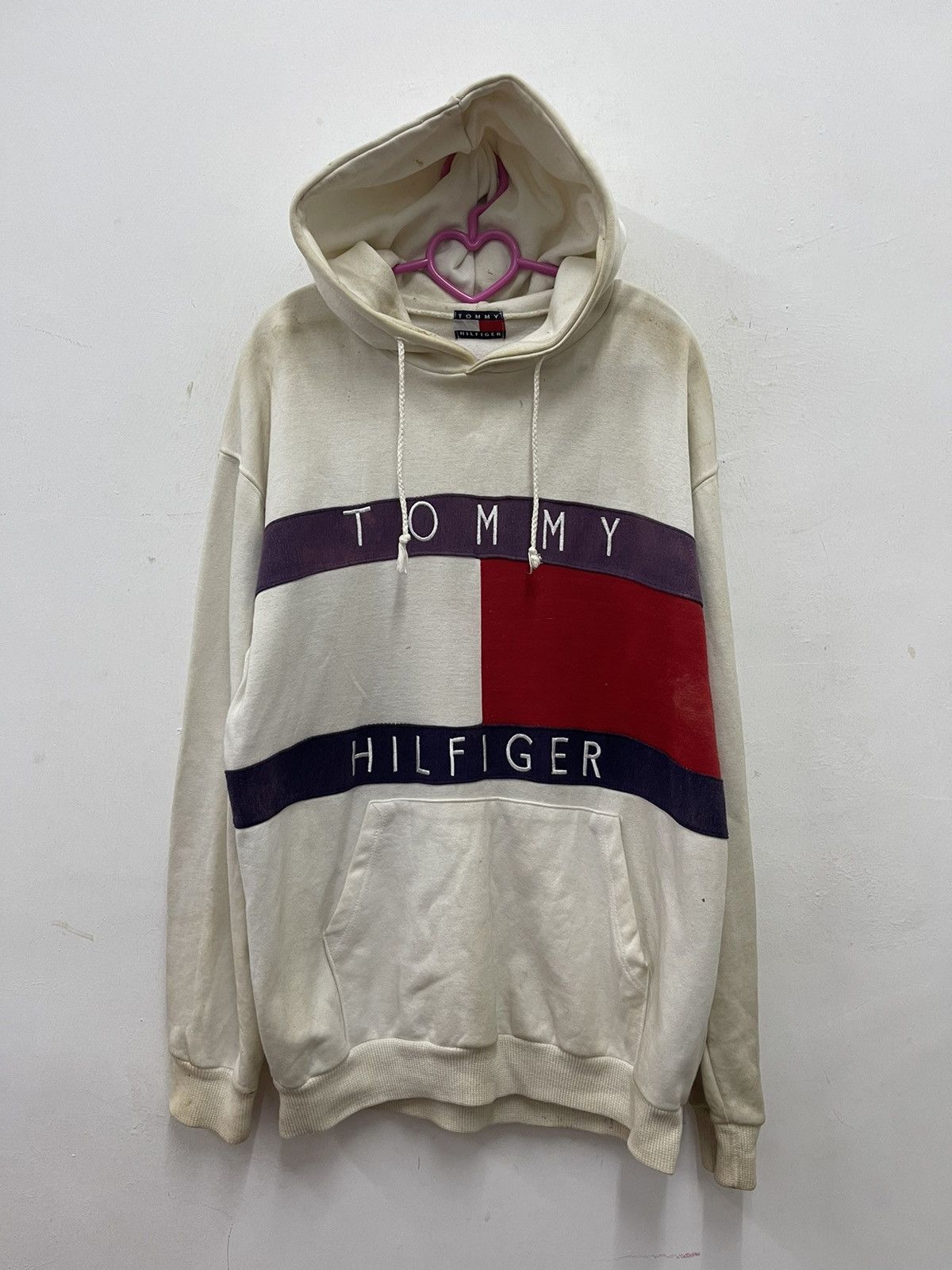 image of Tommy Hilfiger Embroidered Spell Out Big Logo Thrashed in White, Men's (Size Large)