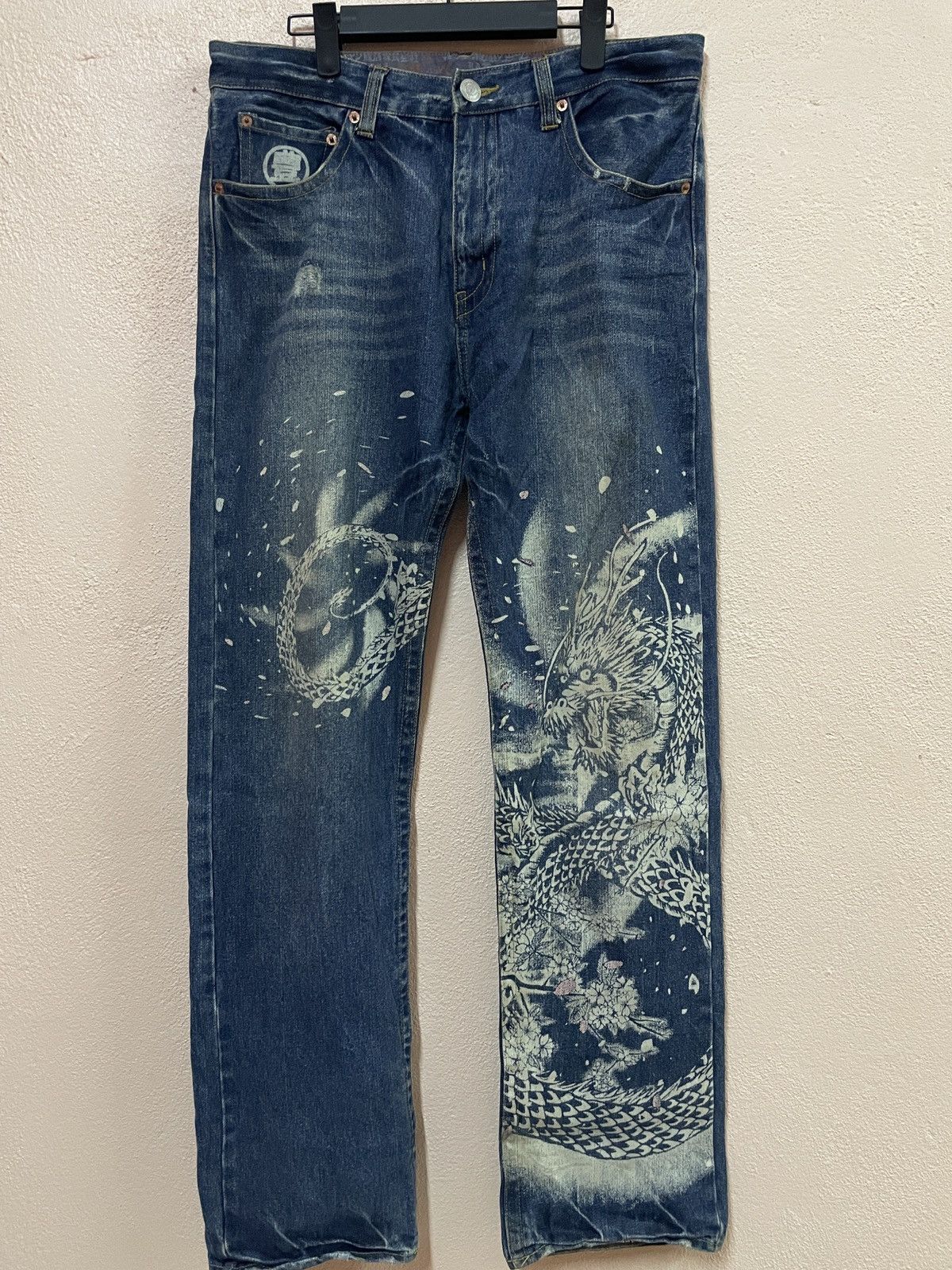 Japanese Brand Karakuri Japanese tradition Dragon Printed Blue Jeans W34 Size US 34 / EU 50 - 2 Thumbnail
