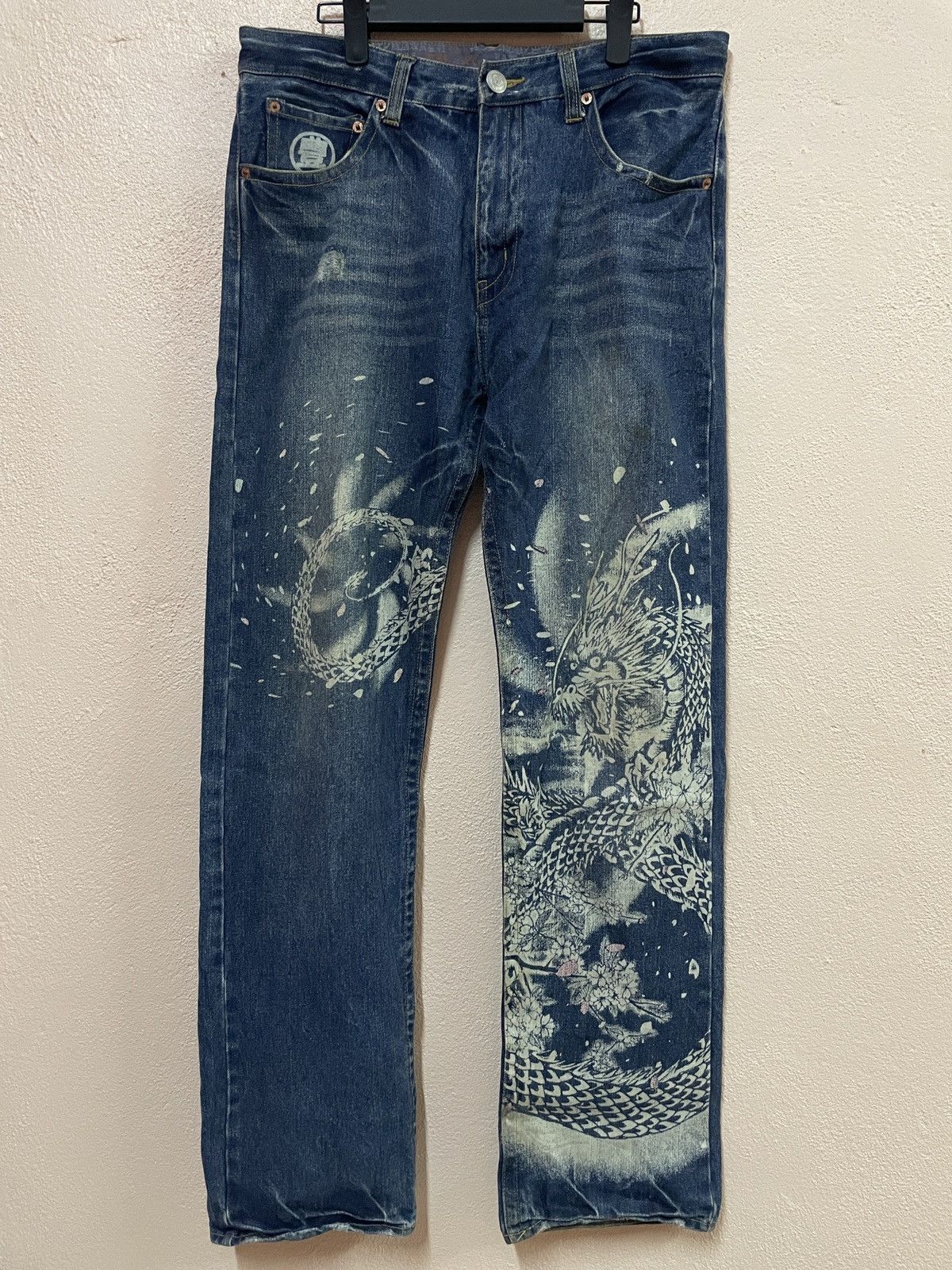 Japanese Brand Karakuri Japanese tradition Dragon Printed Blue Jeans W34 Size US 34 / EU 50 - 1 Thumbnail