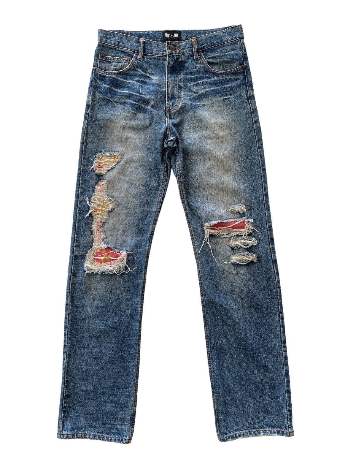 Image of Distressed Denim Nylaus Distressed Patchwork Denim in Blue Denim, Men's (Size 31)