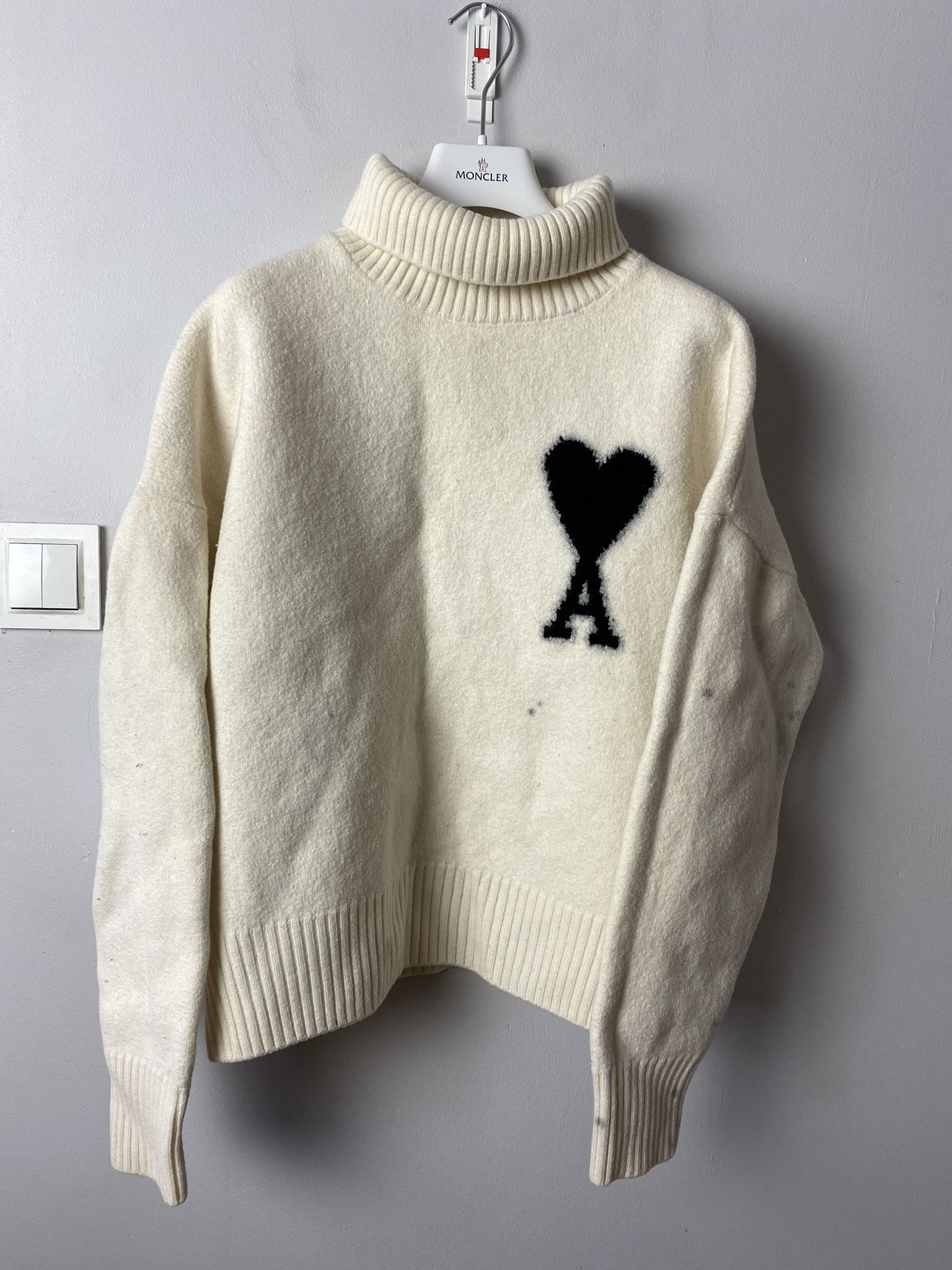 image of Ami Alexandre Mattiussi Heart Merino Wool Sweater in Cream, Men's (Size Medium)