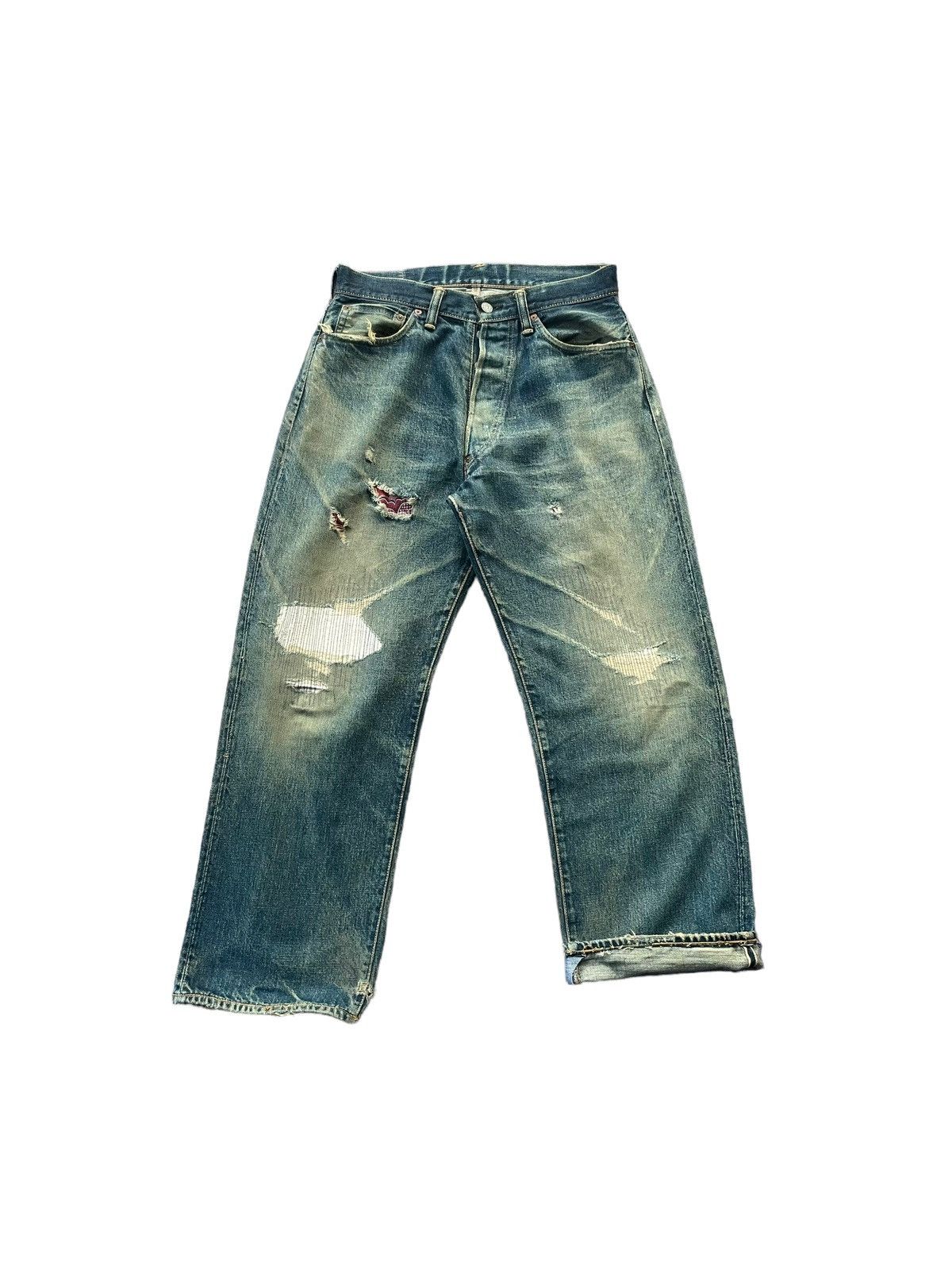 image of Distressed Denim x Evisu Vintage Evisu No 2 Selvedge Distresed & Rework Denim in Blue (Size 32)
