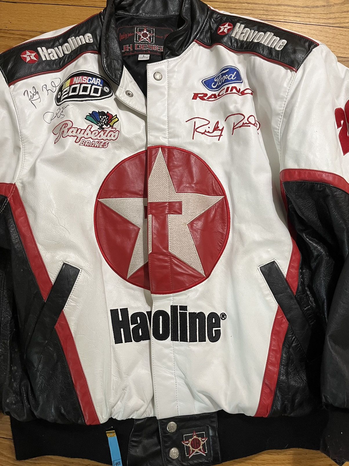 image of Vintage Jeff Hamilton Nascar Leather Jacket in White, Men's (Size XL)