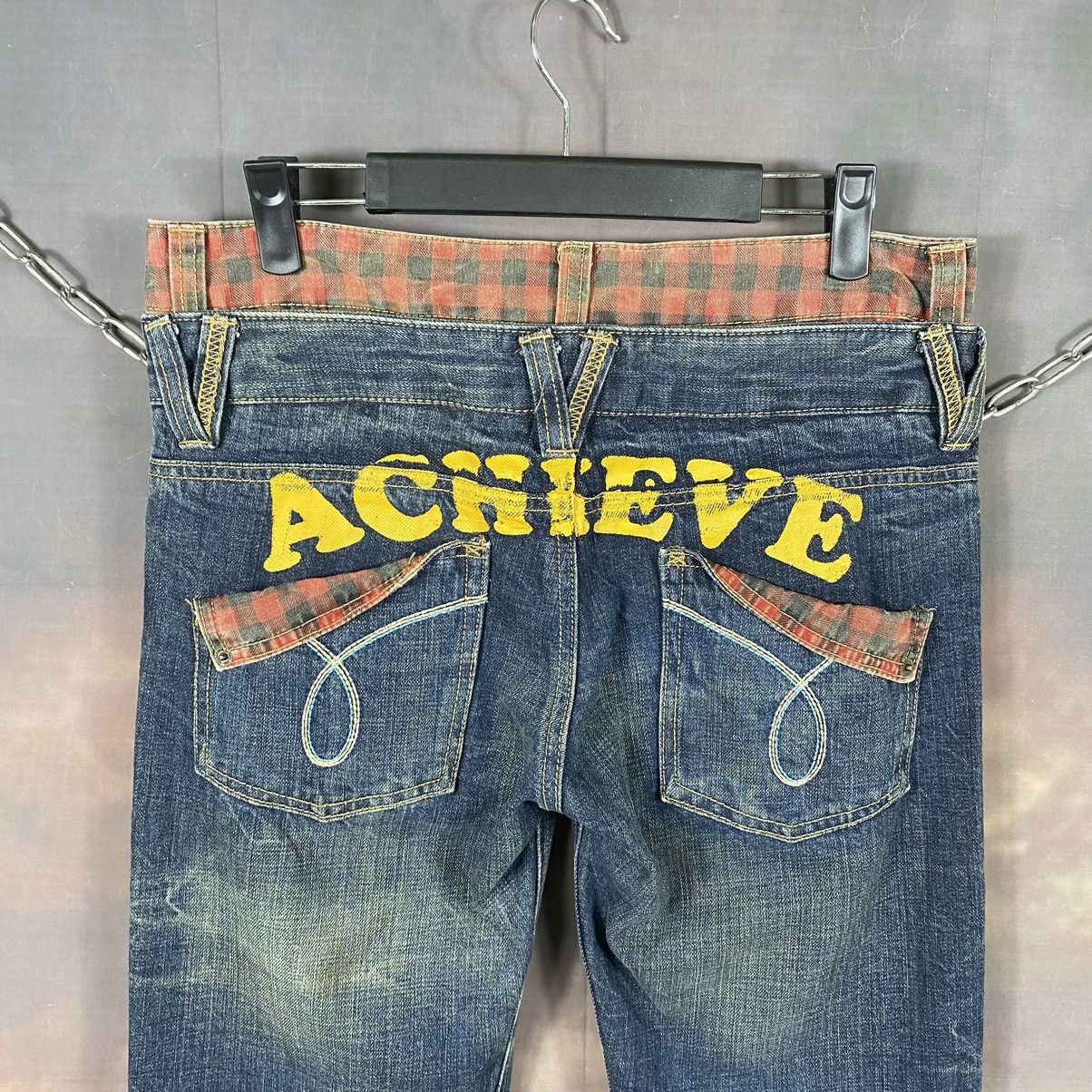 If Six Was Nine × Japanese Brand × Vintage Double Waist Plaid Wording Punk Style Denim Jeans Size 31" - 6 Thumbnail