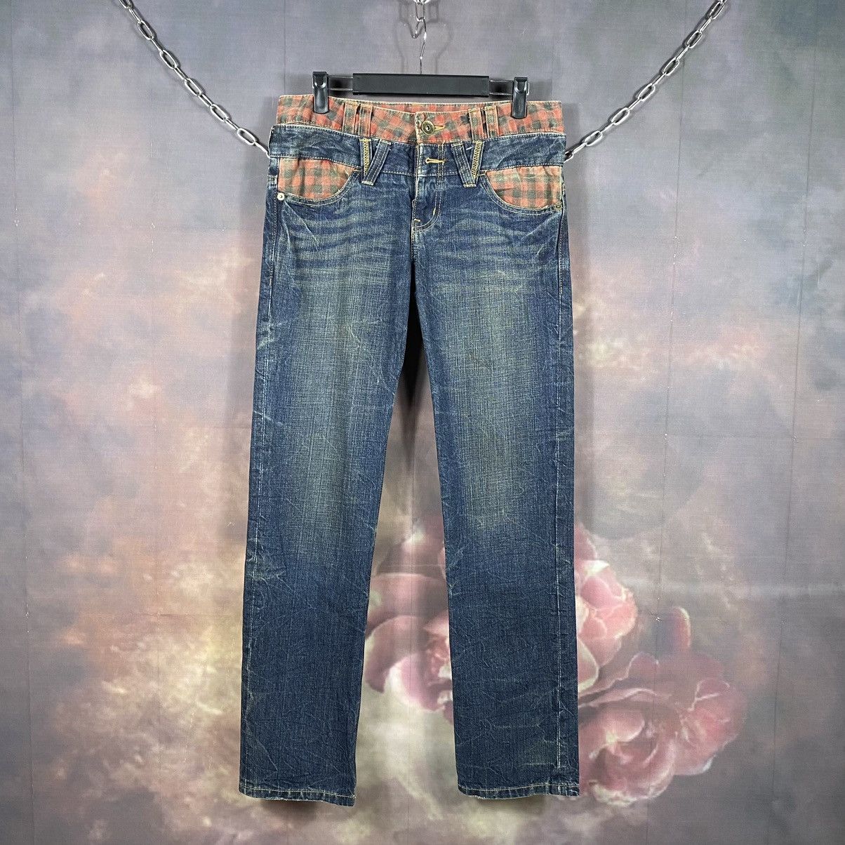 If Six Was Nine × Japanese Brand × Vintage Double Waist Plaid Wording Punk Style Denim Jeans Size 31" - 2 Thumbnail