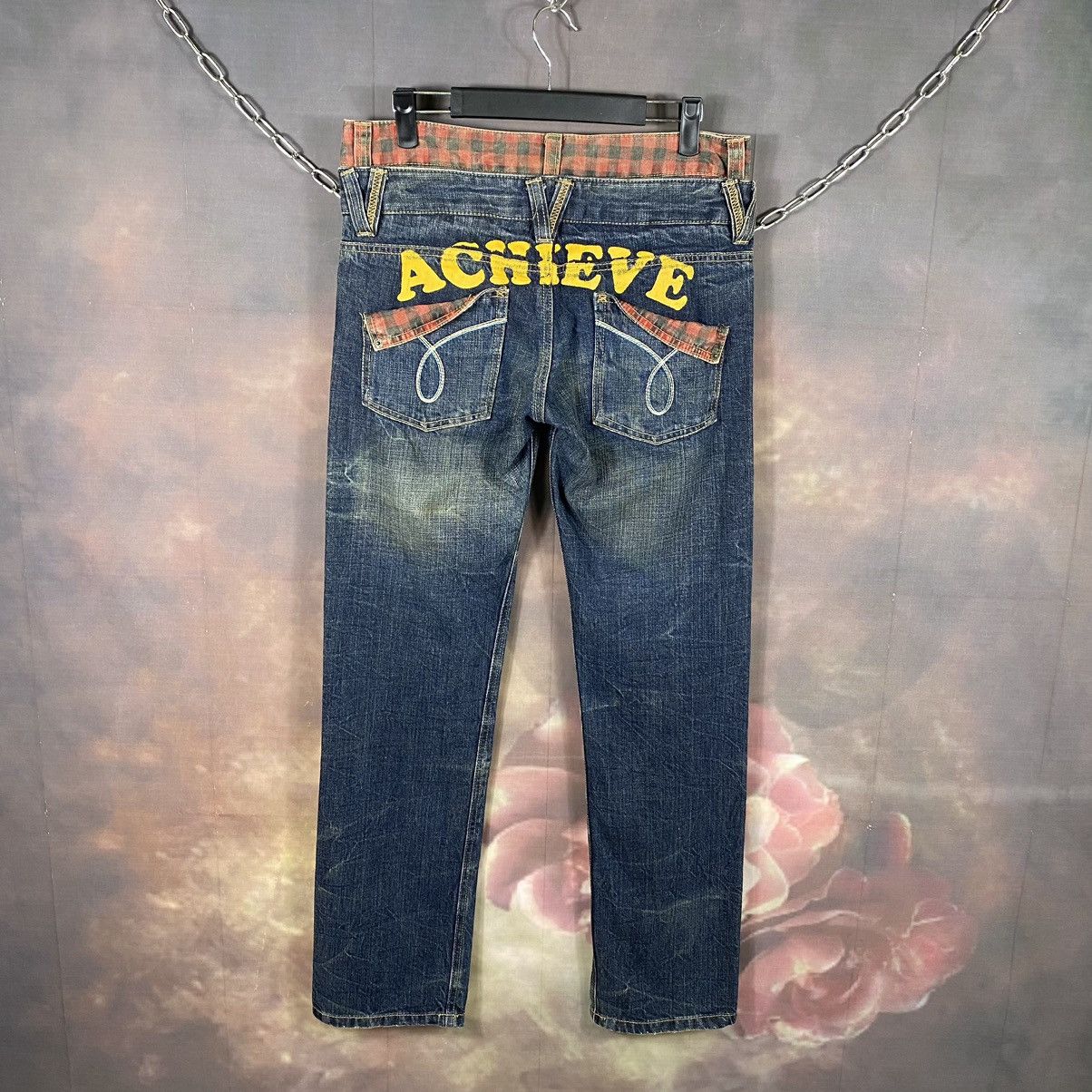 If Six Was Nine × Japanese Brand × Vintage Double Waist Plaid Wording Punk Style Denim Jeans Size 31" - 1 Thumbnail