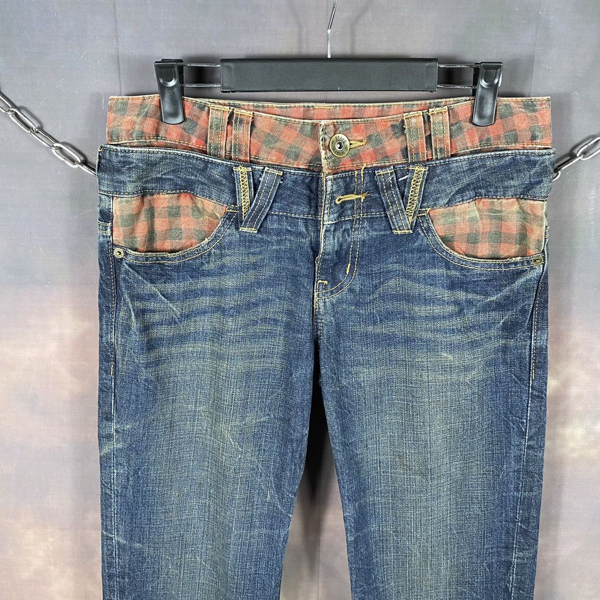If Six Was Nine × Japanese Brand × Vintage Double Waist Plaid Wording Punk Style Denim Jeans Size 31" - 3 Thumbnail
