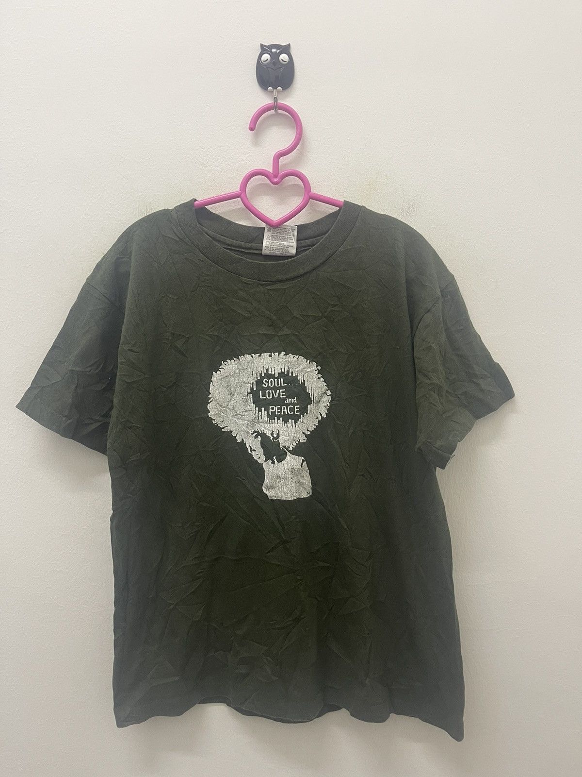 image of Made In USA x Rap Tees 90's Vintage Soul Love And Peace in Dark Olive, Women's (Size Small)