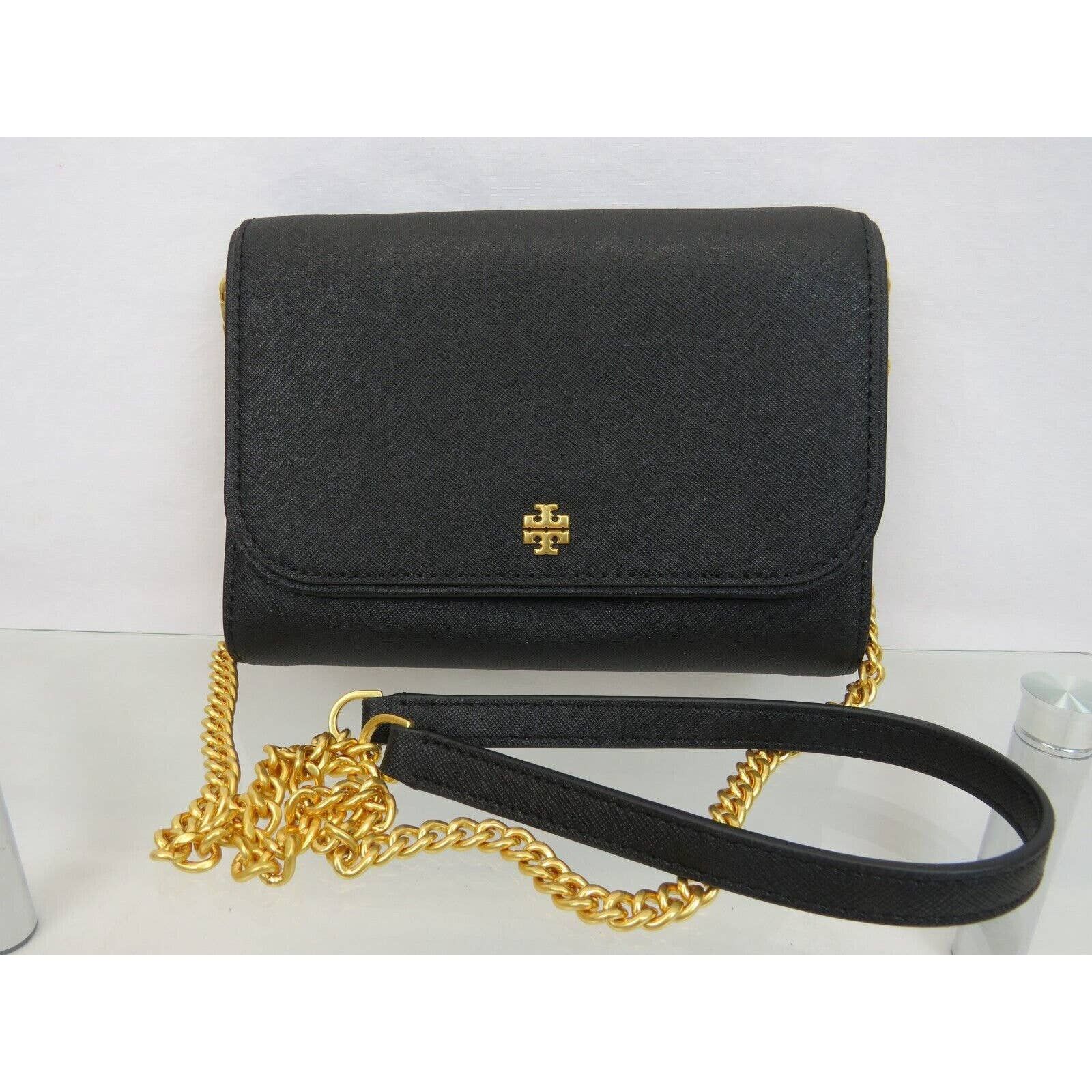 Tory Burch EMERSON Black store Saffiano Chain Wallet Crossbody Bag Purse Clutch 136093