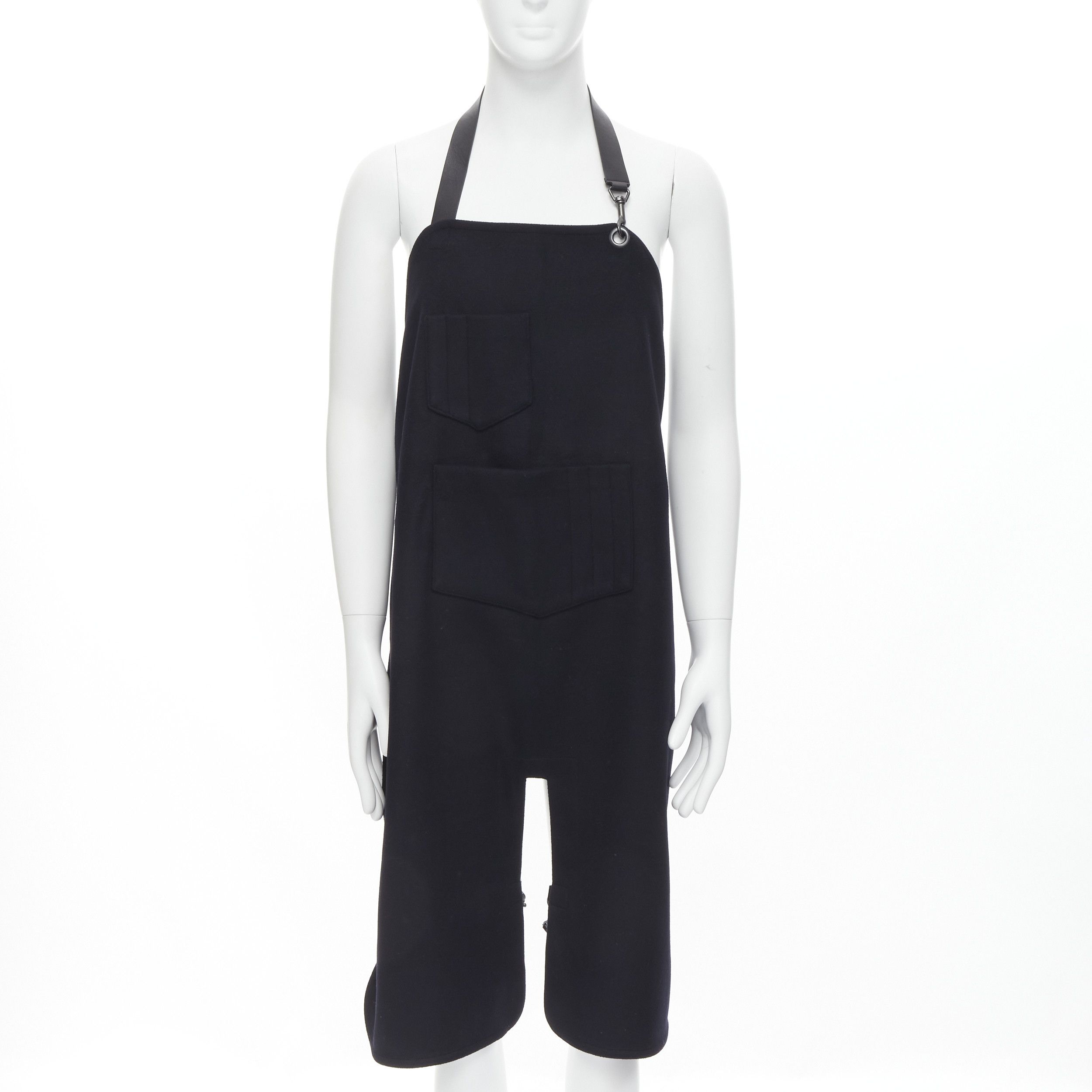 image of Balenciaga Runway Black Wool Leather Strap Buckle Apron Dungaree, Women's (Size Medium)