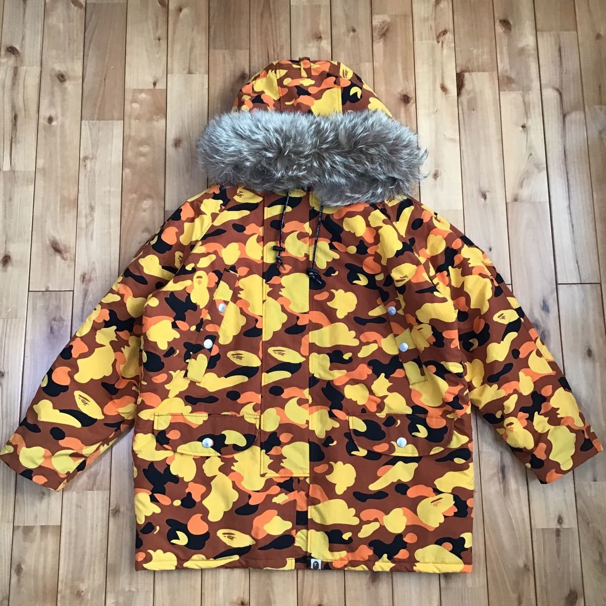 vintage fur puffer jacket orange camo BAPE
