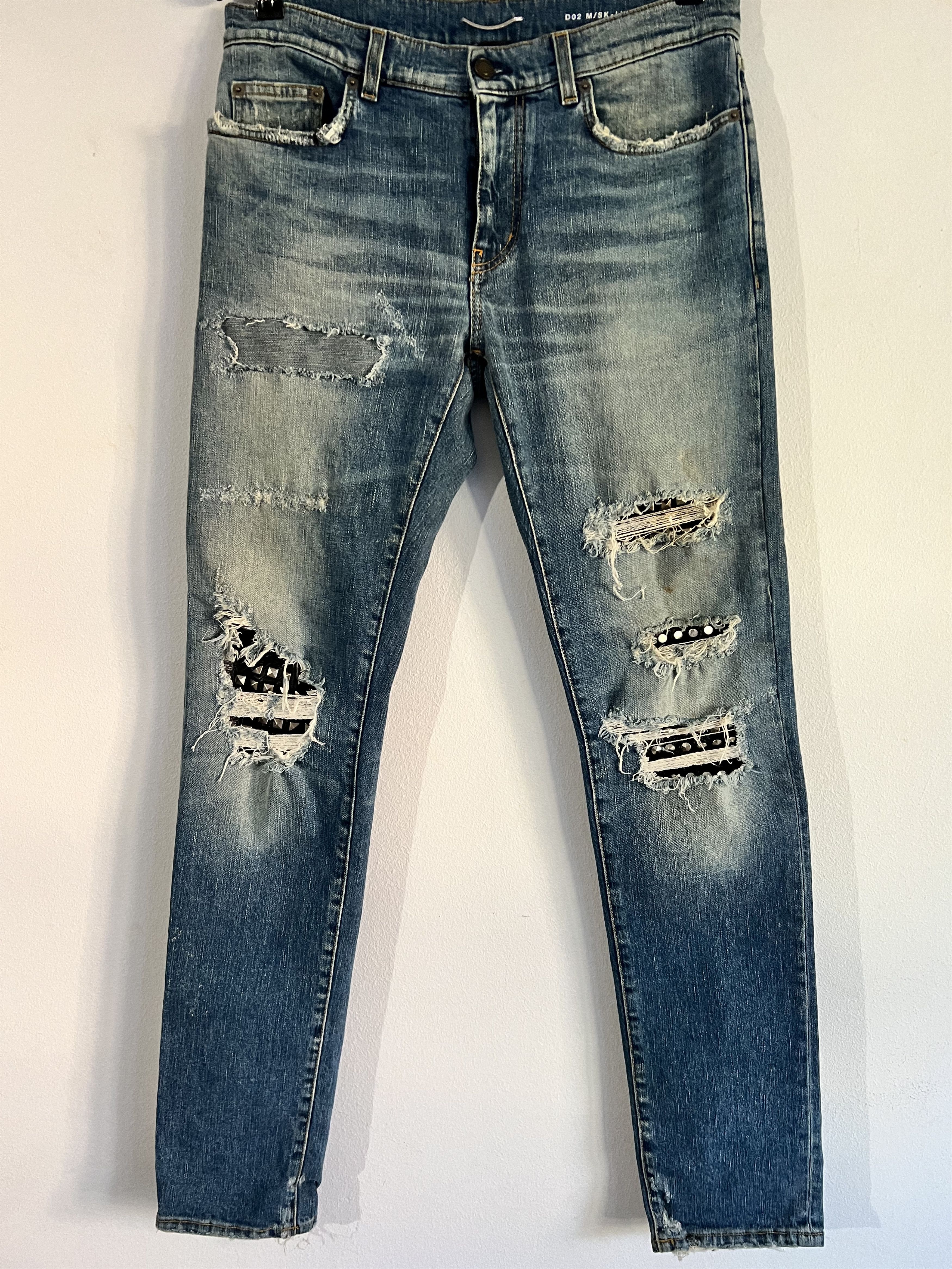 image of Saint Laurent Paris Denim Studded Patches Leather Black in Denim Blue, Men's (Size 31)