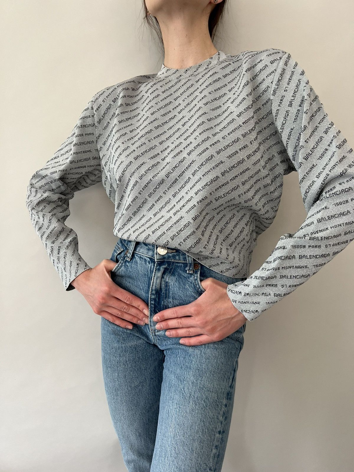 Balenciaga Balenciaga Silver All Over Logo Lurex Knit Crewneck Sweater Size S / US 4 / IT 40 - 6 Thumbnail