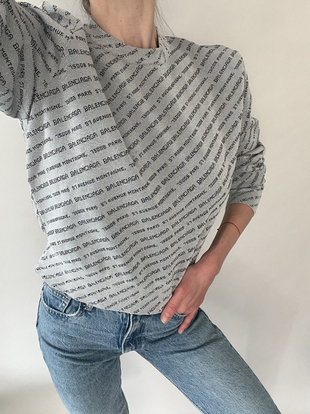 Balenciaga Balenciaga Silver All Over Logo Lurex Knit Crewneck Sweater Size S / US 4 / IT 40 - 1 Thumbnail