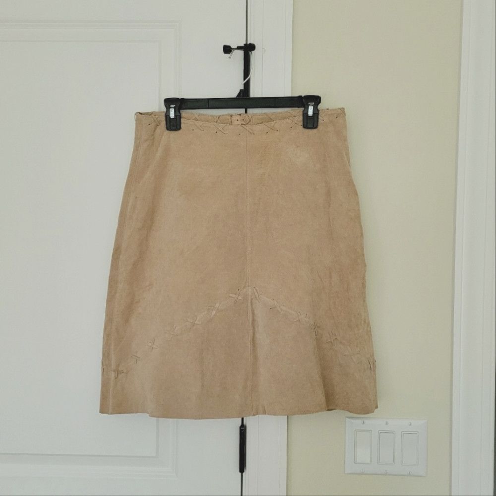 image of Mitsu Whipstitch Suede A-Line Skirt in Natural Tan, Women's (Size 30)