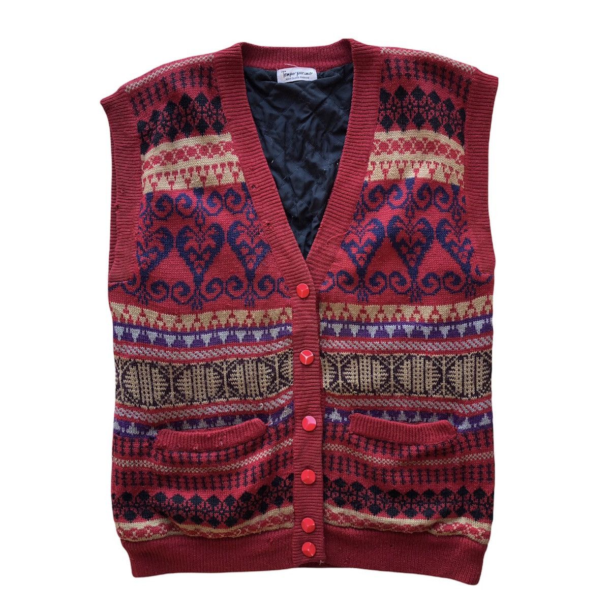 Japanese Brand Vintage 90's Knit Vest Coloured Native Art Quilted Lining Size US M / EU 48-50 / 2 - 1 Thumbnail