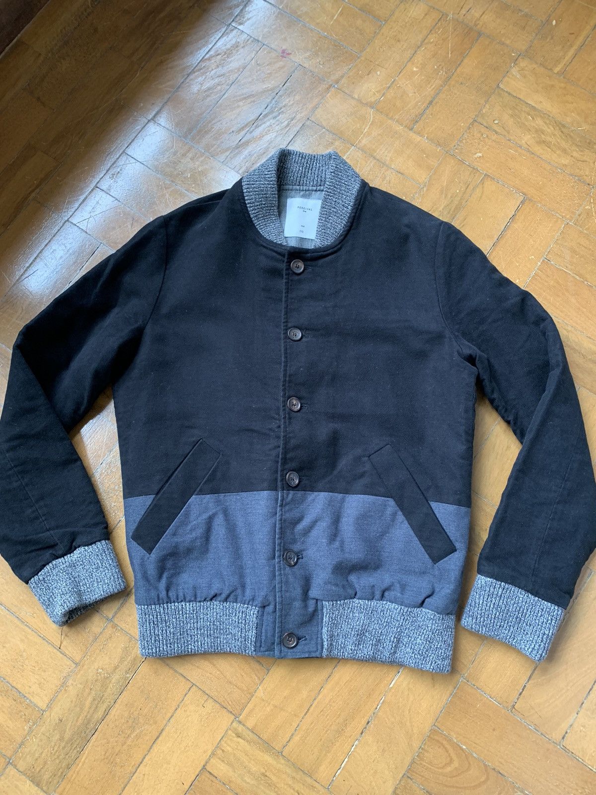 image of Percival Black And Grey Padded Panelled Bomber Jacket Made In England in Black/Grey (Size Medium)