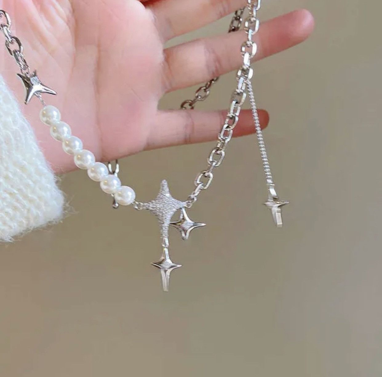 Unisex punk star pendant multilayer pearl necklace chain