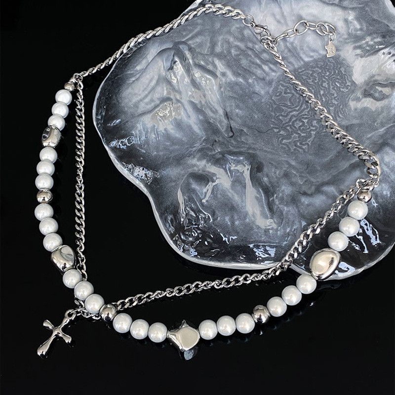 Jewelry Double Layer Reflective Pearl Chain Cross Pendant Necklace Size ONE SIZE - 1 Thumbnail