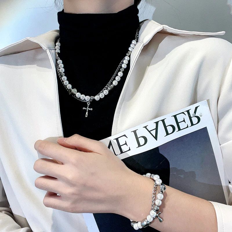 Jewelry Double Layer Reflective Pearl Chain Cross Pendant Necklace Size ONE SIZE - 4 Thumbnail