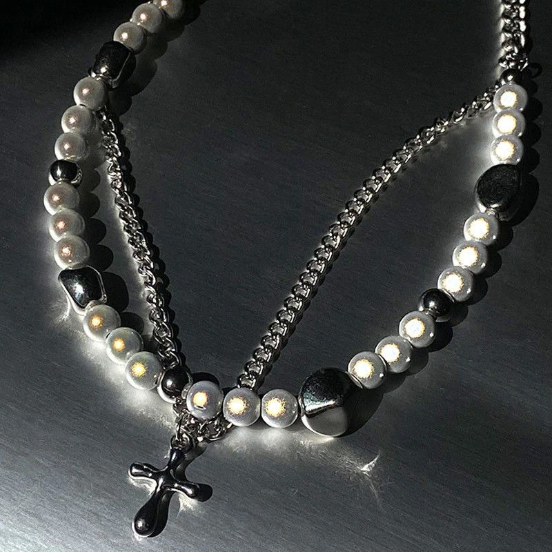 Jewelry Double Layer Reflective Pearl Chain Cross Pendant Necklace Size ONE SIZE - 2 Thumbnail