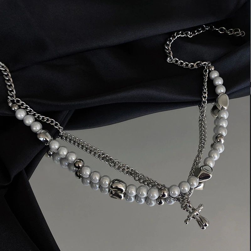 Jewelry Double Layer Reflective Pearl Chain Cross Pendant Necklace Size ONE SIZE - 3 Thumbnail