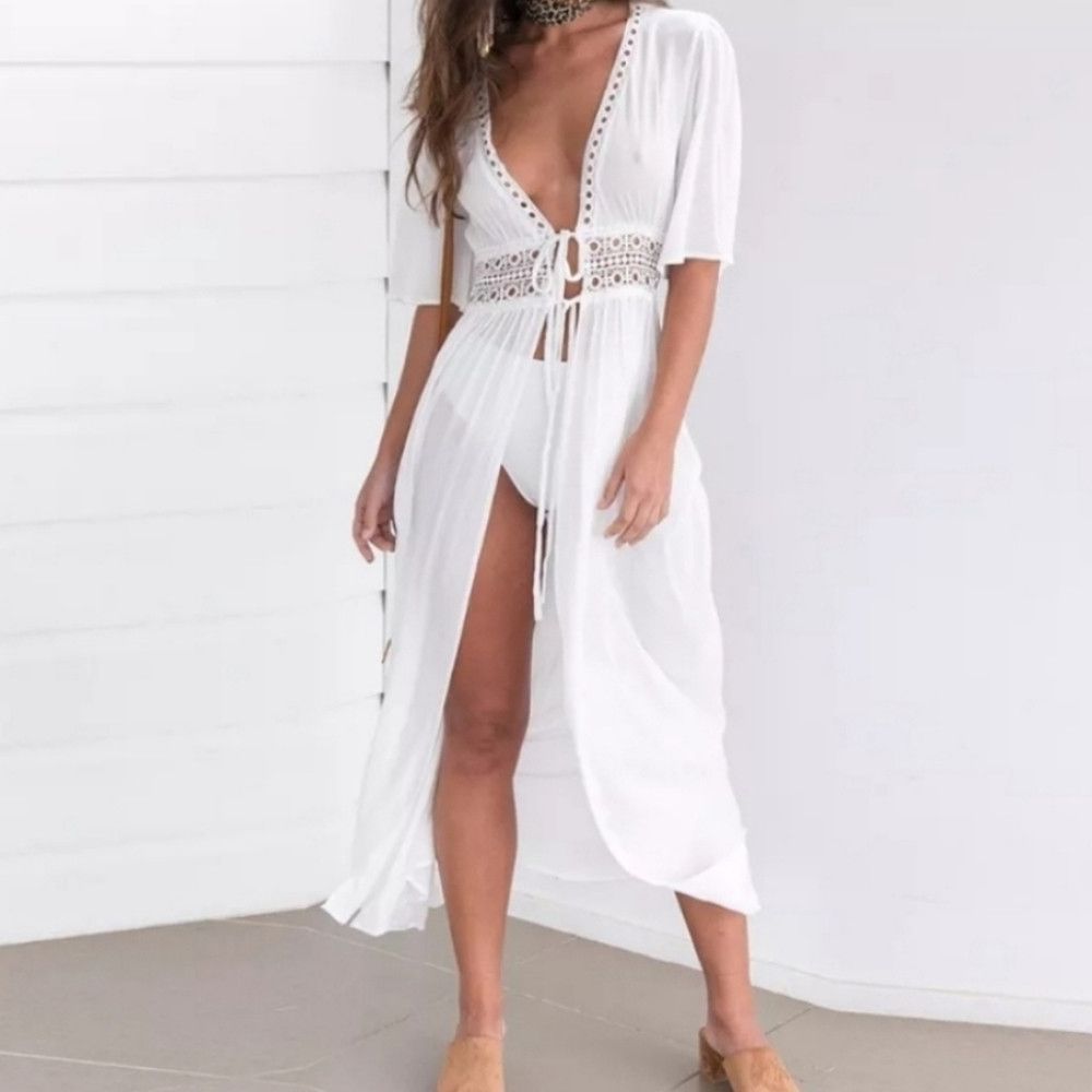 image of Vacation NWOT Sheer Crochet Long Beach Kimono Coverup Robe in White, Women's (Size Small)