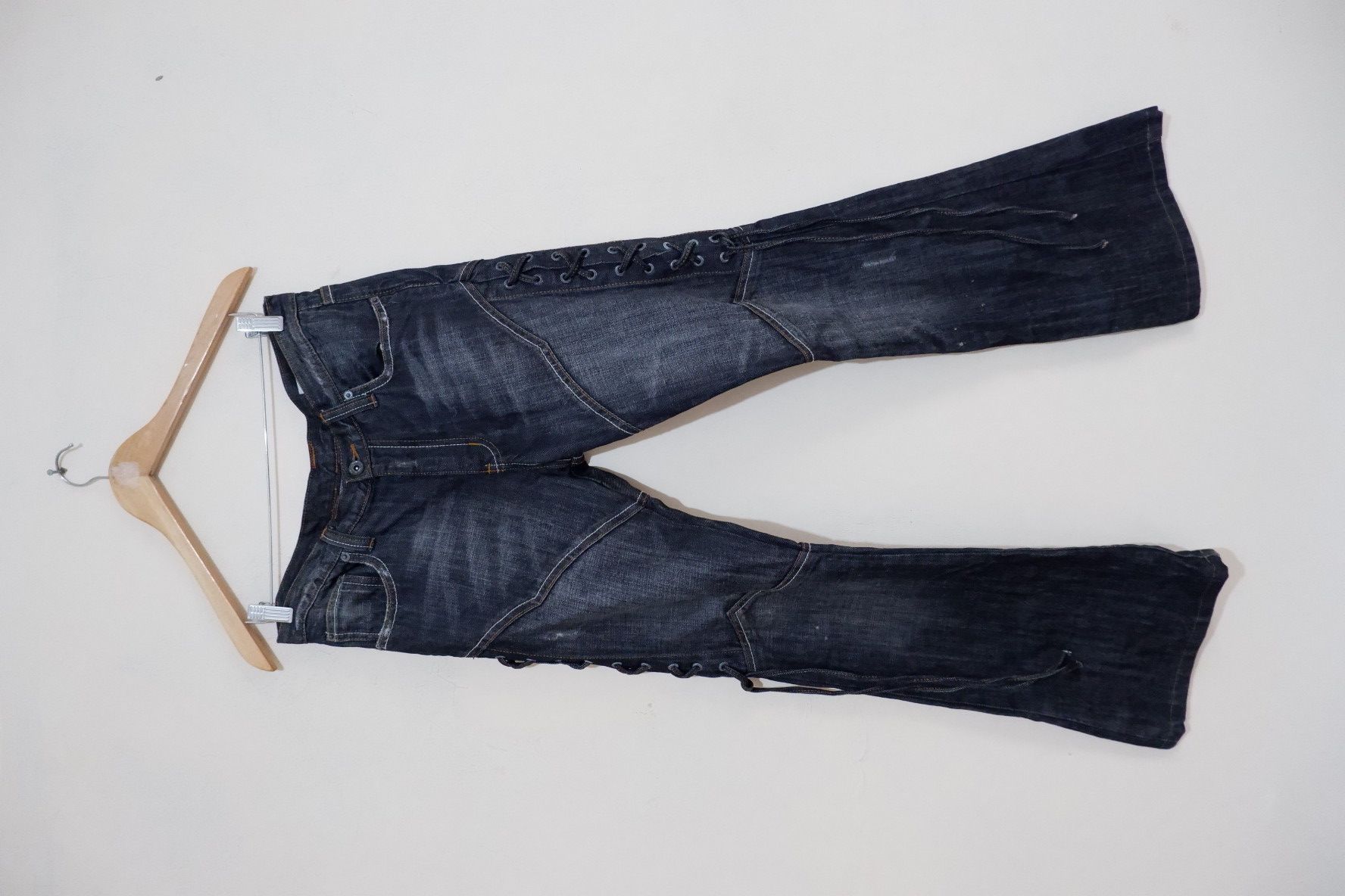 image of If Six Was Nine x Tornado Mart Japan Semantic Design Distressed Drawstring Flare Jeans in Grey (Siz