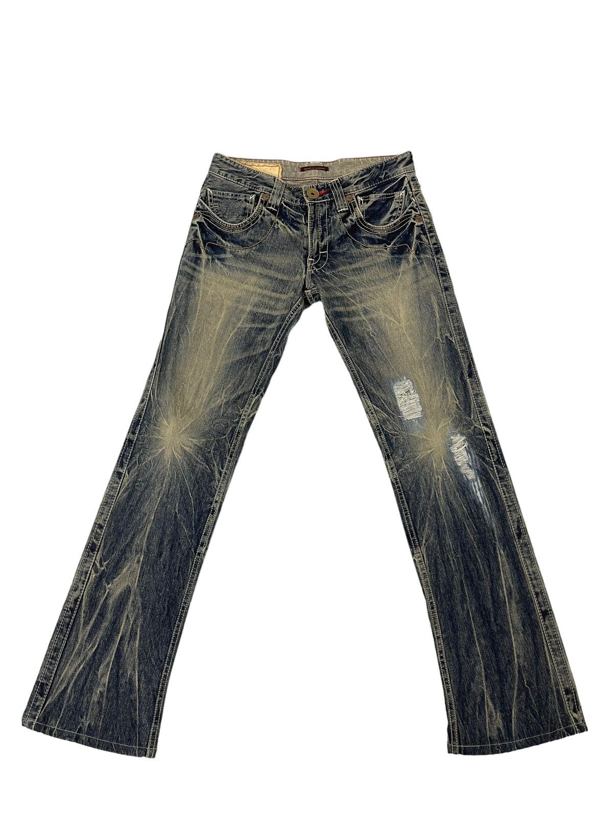 Japanese Brand Flare Jeans Blue Way Distress Acid Wash Low Rise 2🟦8 Size US 31 - 2 Thumbnail