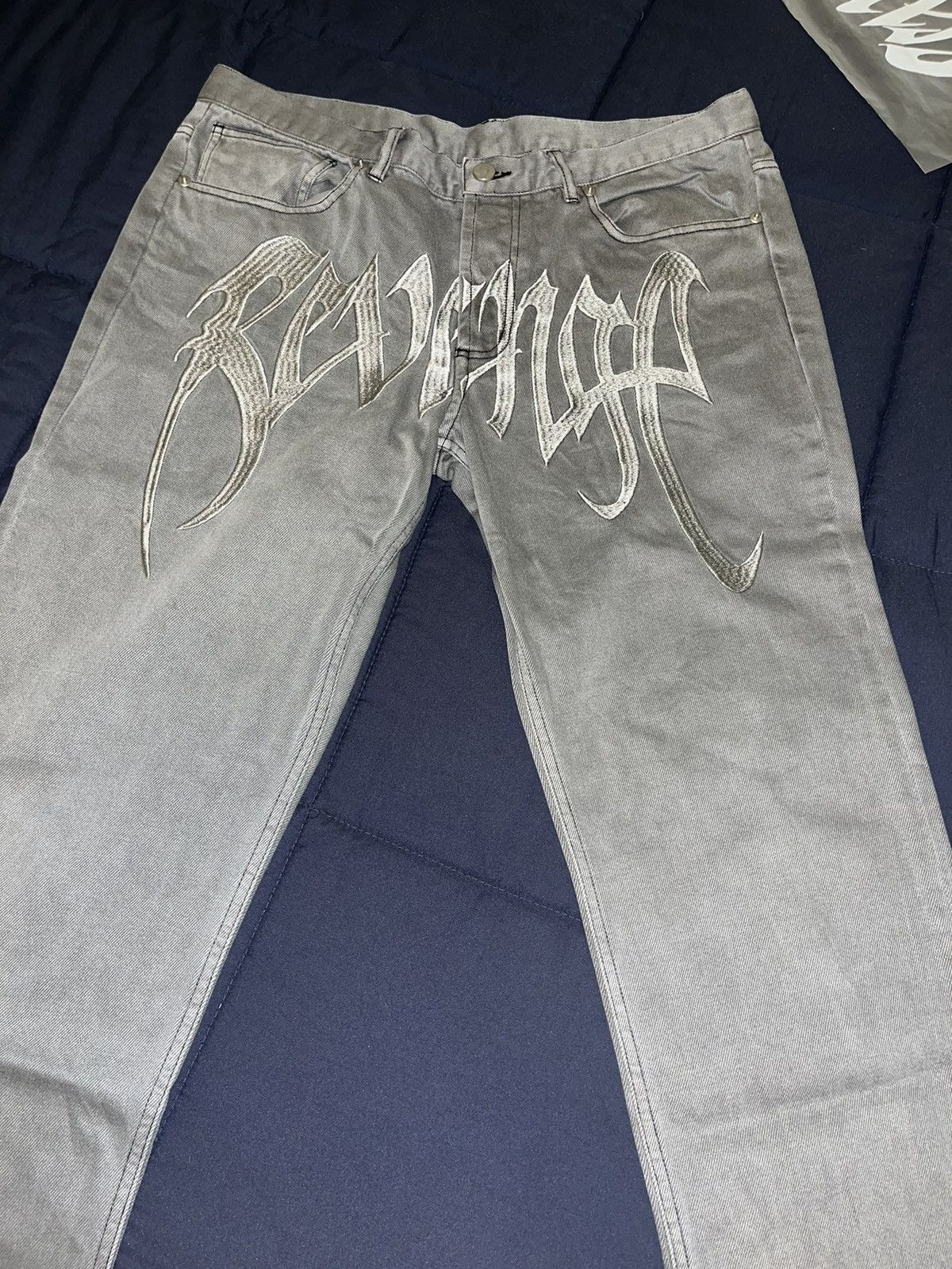 Revenge Revenge Embroidered Grey Denim Jeans Size US 32 / EU 48 - 1 Thumbnail