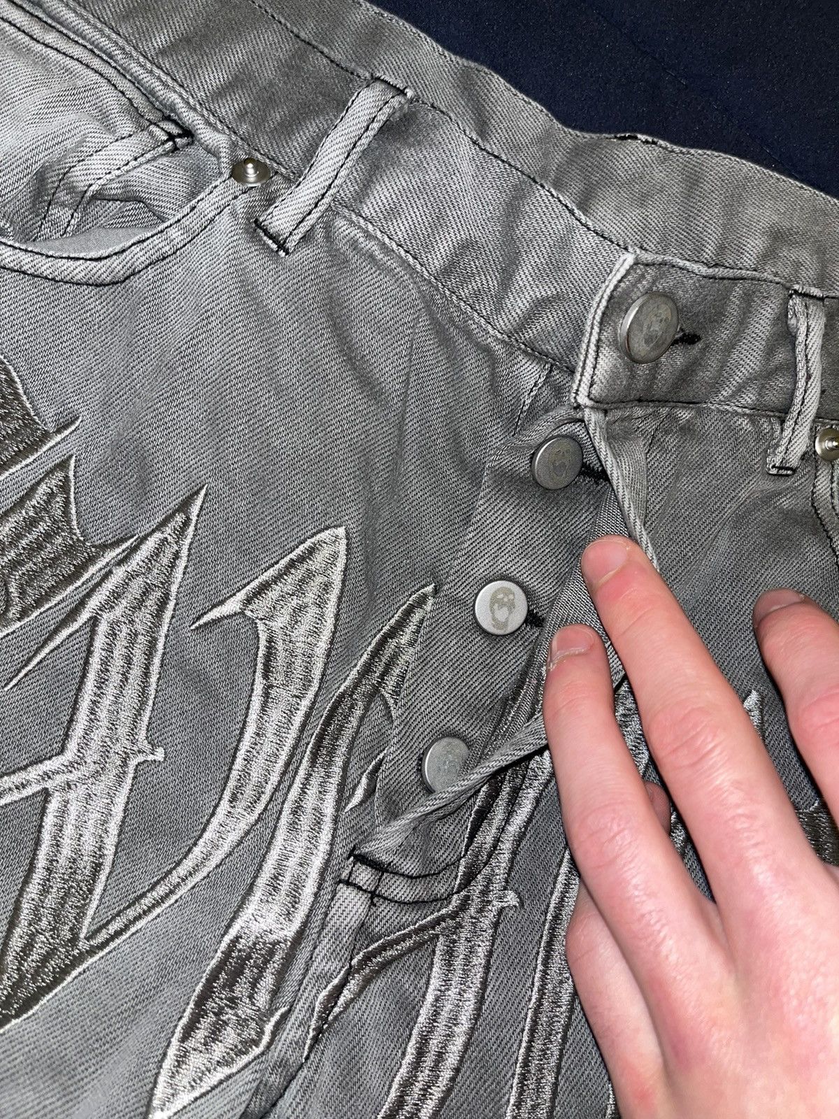 Revenge Revenge Embroidered Grey Denim Jeans Size US 32 / EU 48 - 6 Thumbnail
