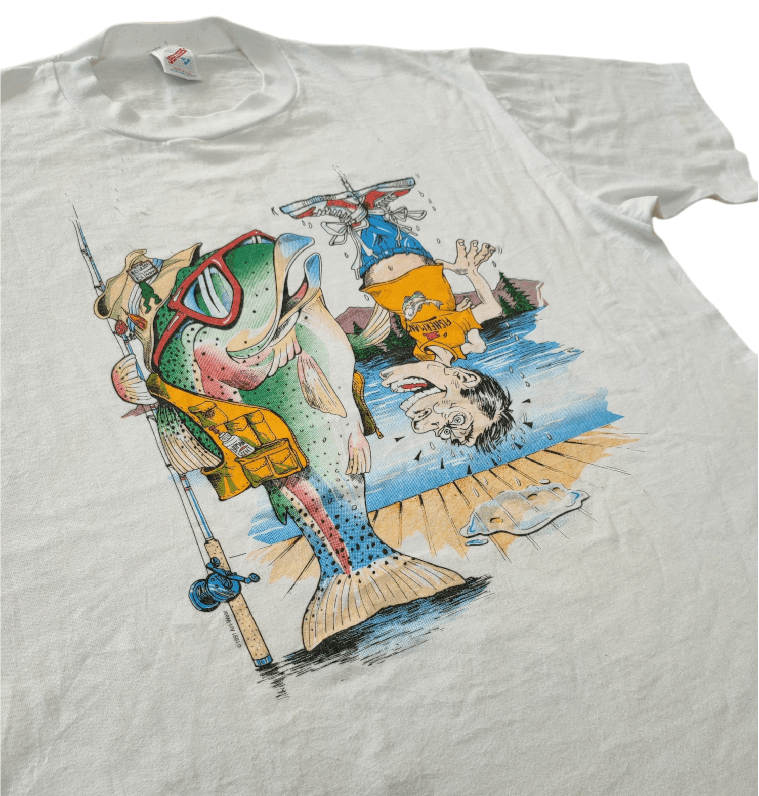 Vtg 1991 Art Wear Fish Catch Man White Tee