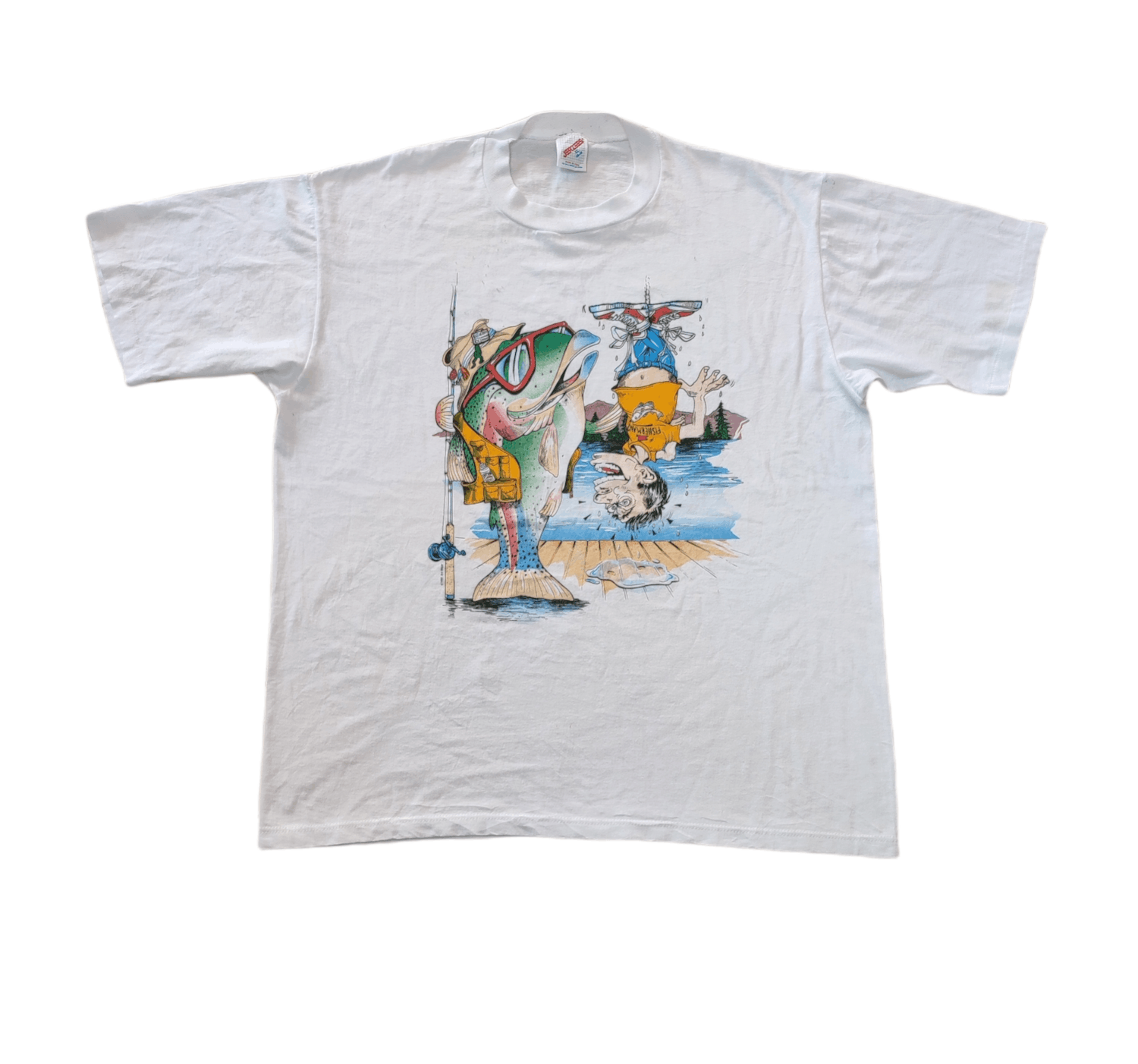 Vintage Vtg 1991 Art Wear Fish Catch Man White Tee Size US XL / EU 56 / 4 - 2 Thumbnail
