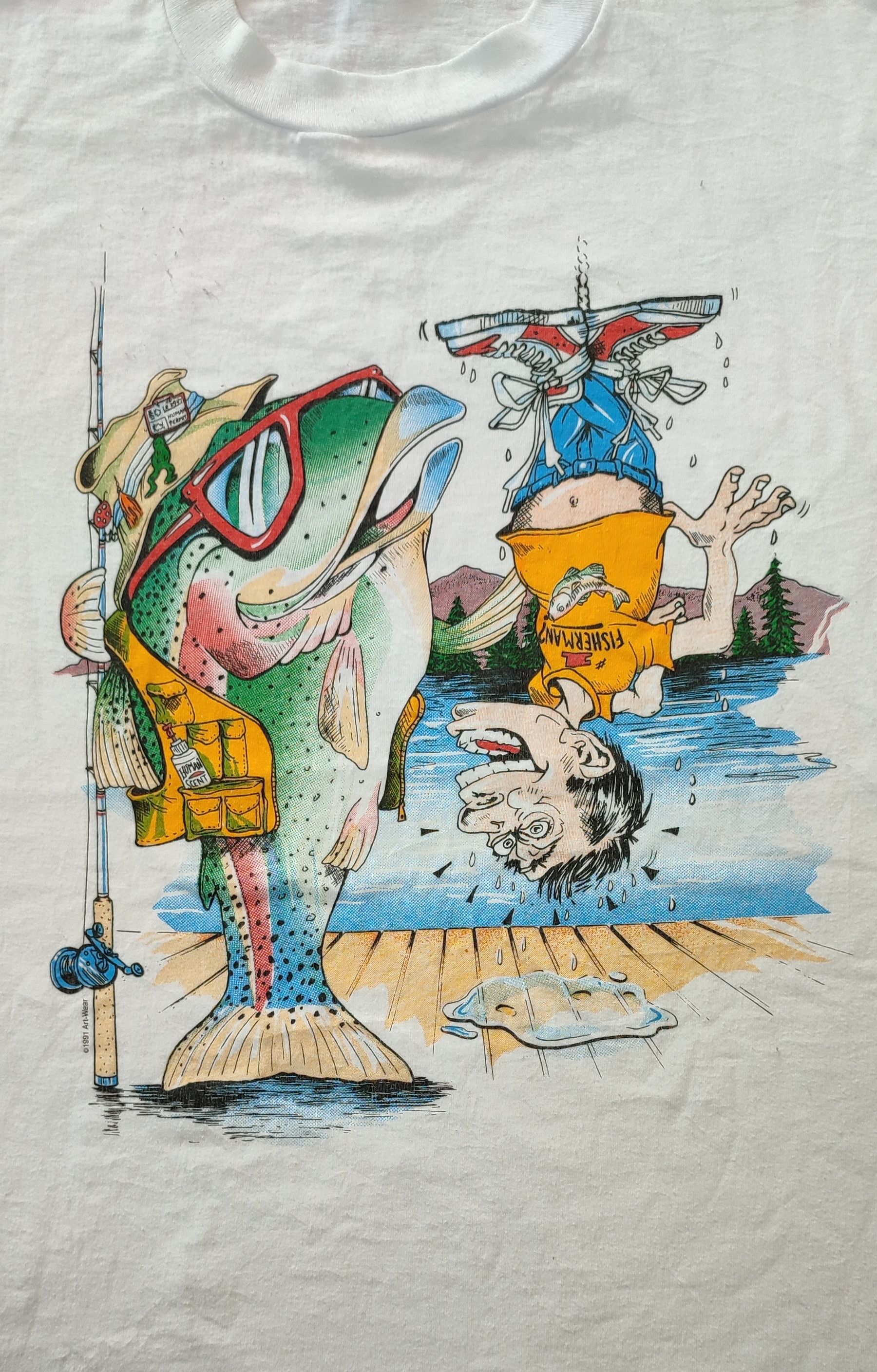 Vintage Vtg 1991 Art Wear Fish Catch Man White Tee Size US XL / EU 56 / 4 - 4 Thumbnail