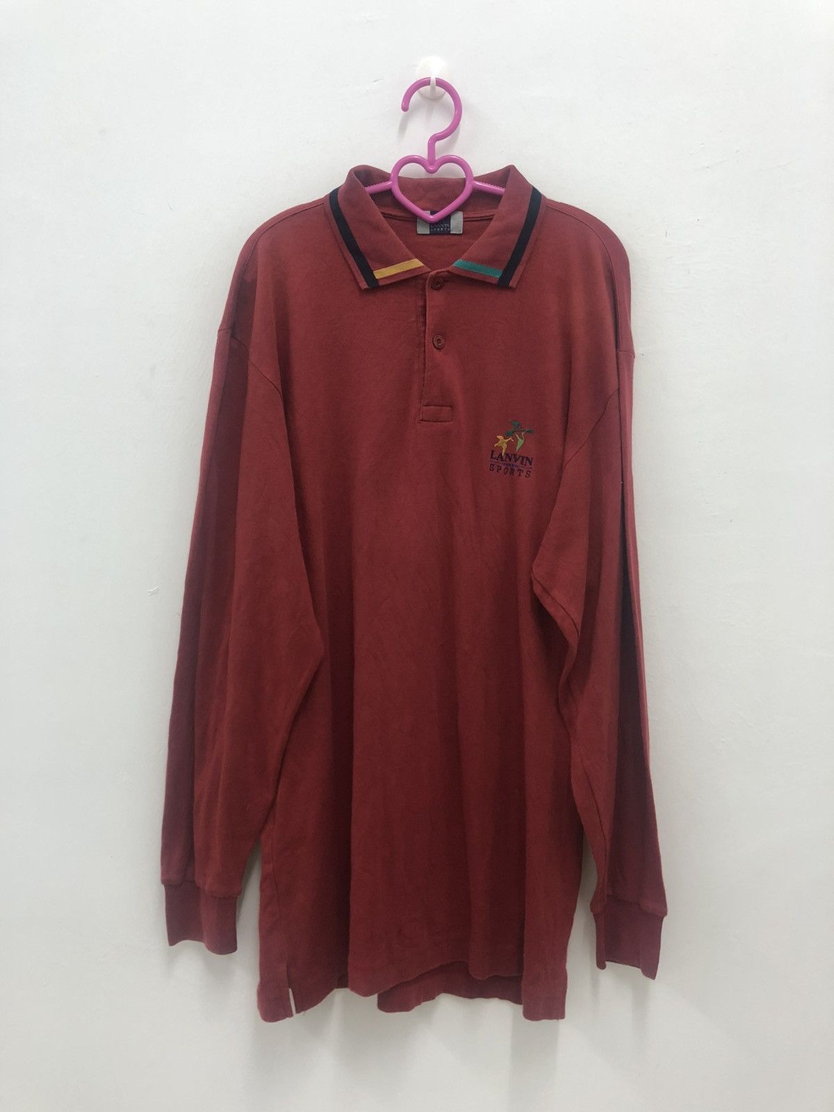 image of 90's Vintage Lanvin Sports Paris Long Sleeve Polo Shirt in Red, Men's (Size Medium)