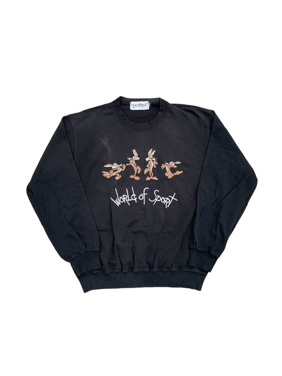 image of Vintage Sunfaded Cartoon Embroidered Graphic Sweatshirt in Black, Men's (Size XL)
