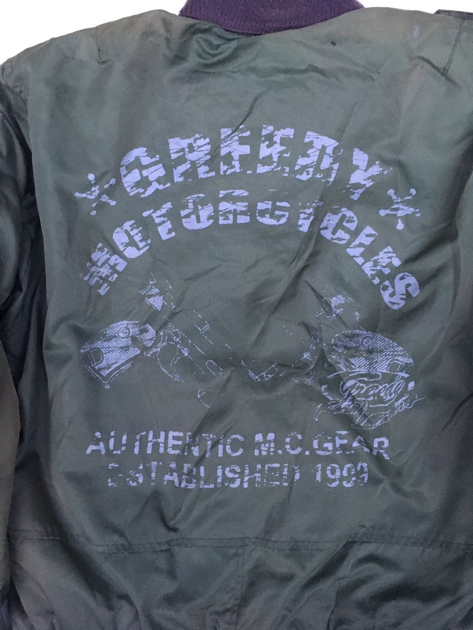 Vintage GREEDY MOTORCYCLES BOMBER GREEN STYLES JACKETS Size US L / EU 52-54 / 3 - 8 Thumbnail
