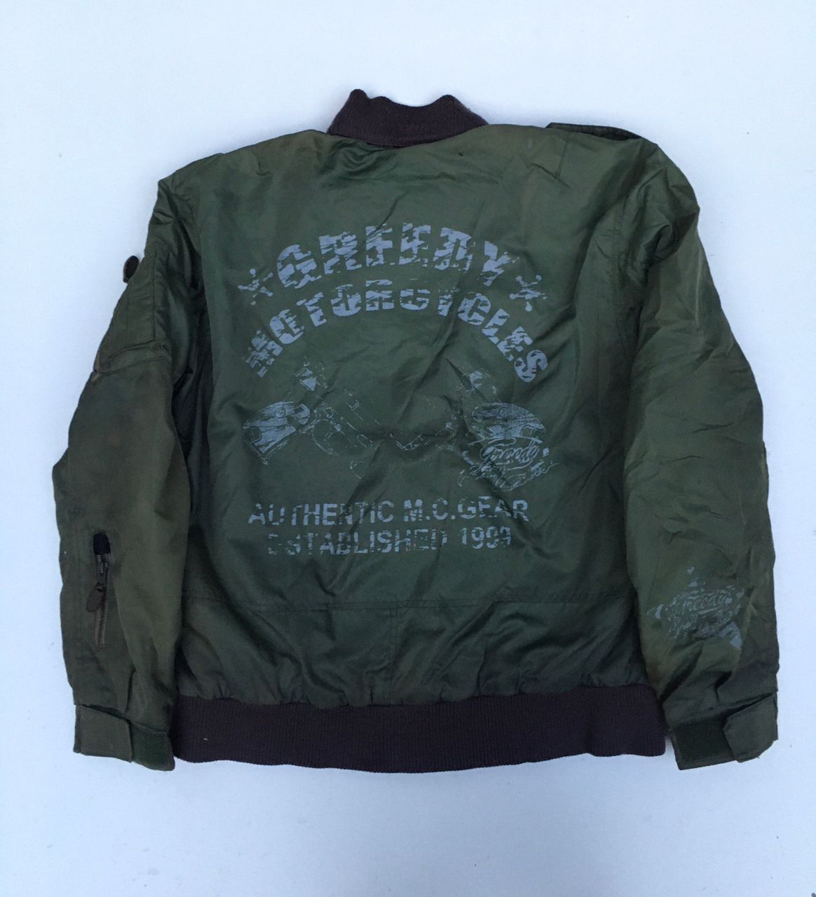 Vintage GREEDY MOTORCYCLES BOMBER GREEN STYLES JACKETS Size US L / EU 52-54 / 3 - 2 Thumbnail