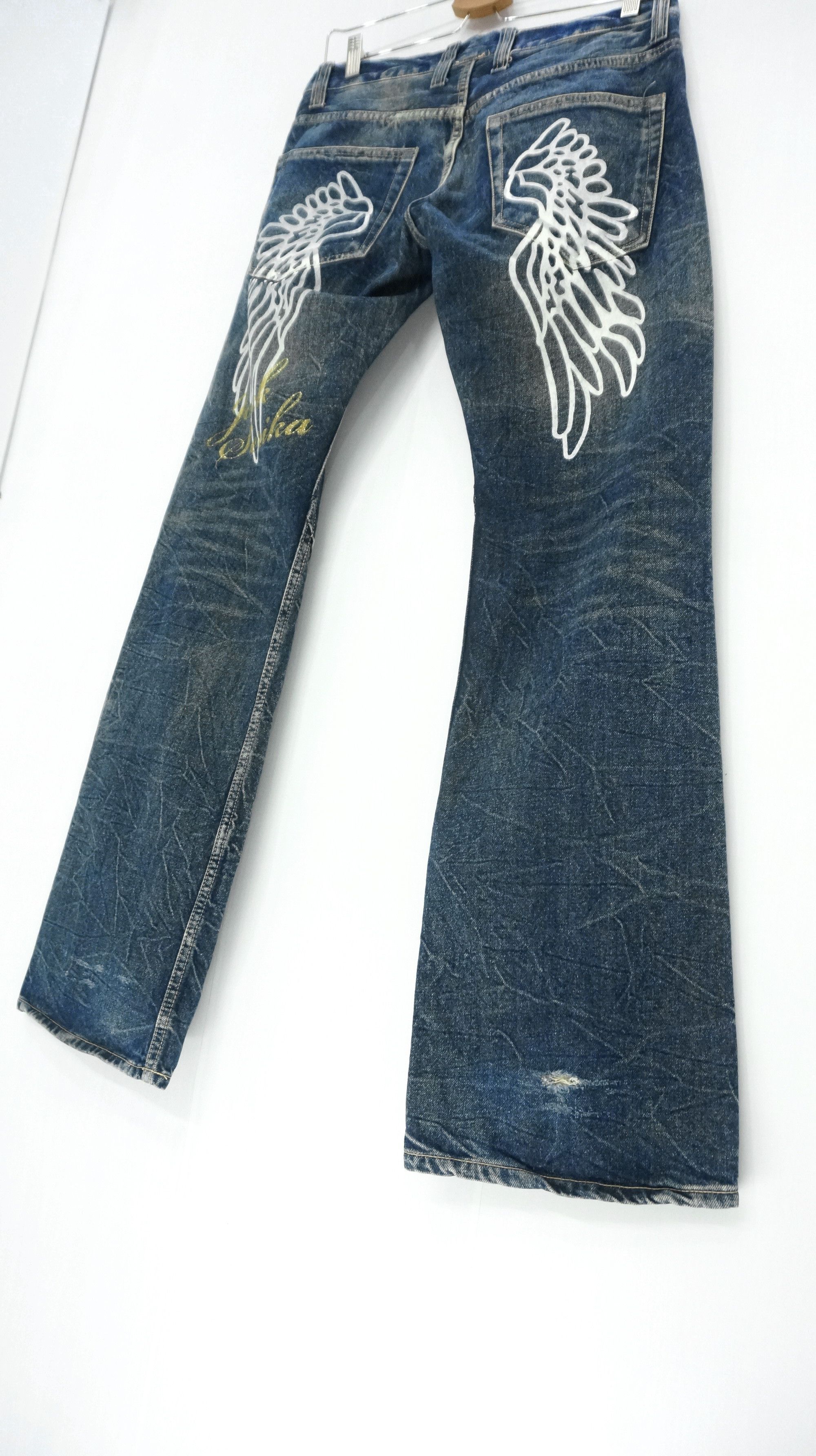 Japanese Brand VTG FLARE 🔥 JACK SERIKA Printed Wings Dark Blue Jeans Size US 30 / EU 46 - 5 Thumbnail