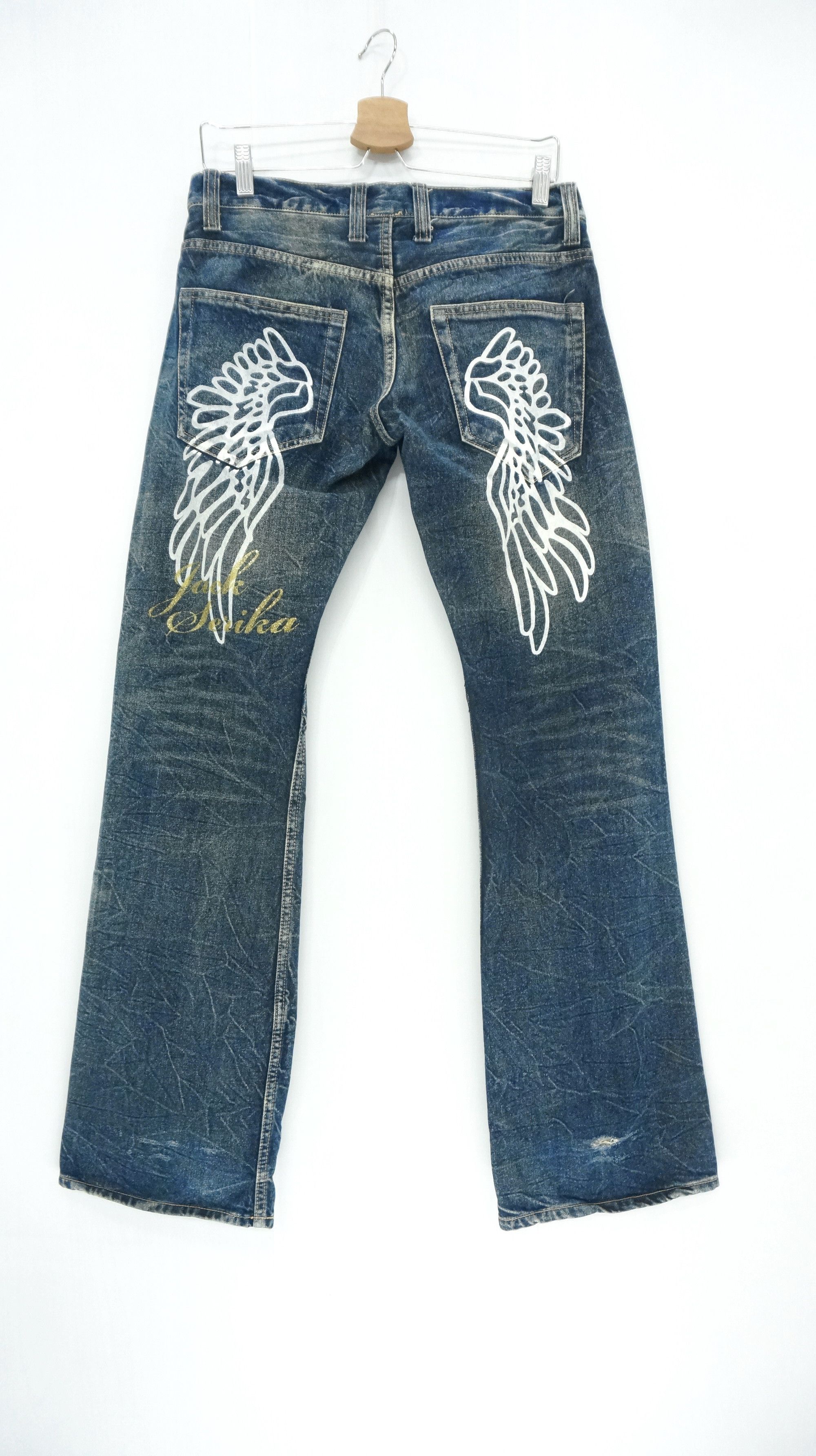 Japanese Brand VTG FLARE 🔥 JACK SERIKA Printed Wings Dark Blue Jeans Size US 30 / EU 46 - 3 Thumbnail