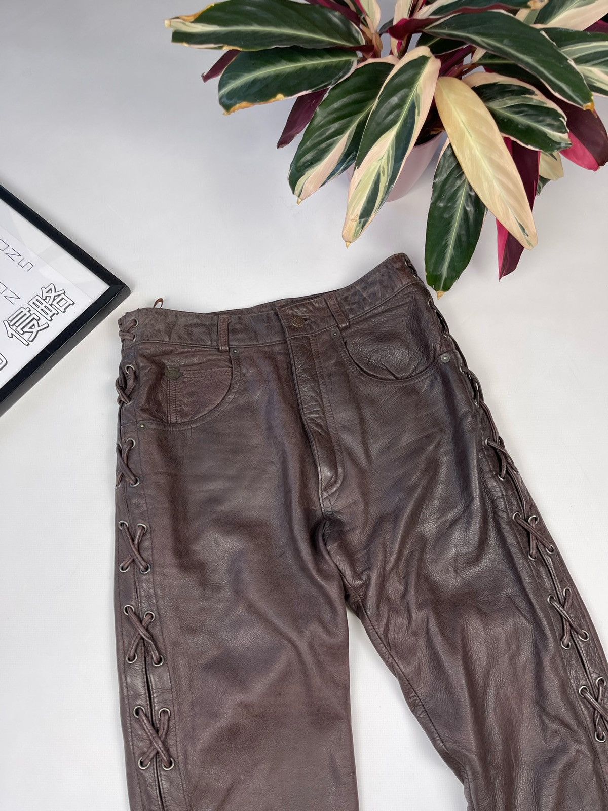 Vintage Awesome brown leather pants skinny lace up bondage Size US 29 - 10 Thumbnail