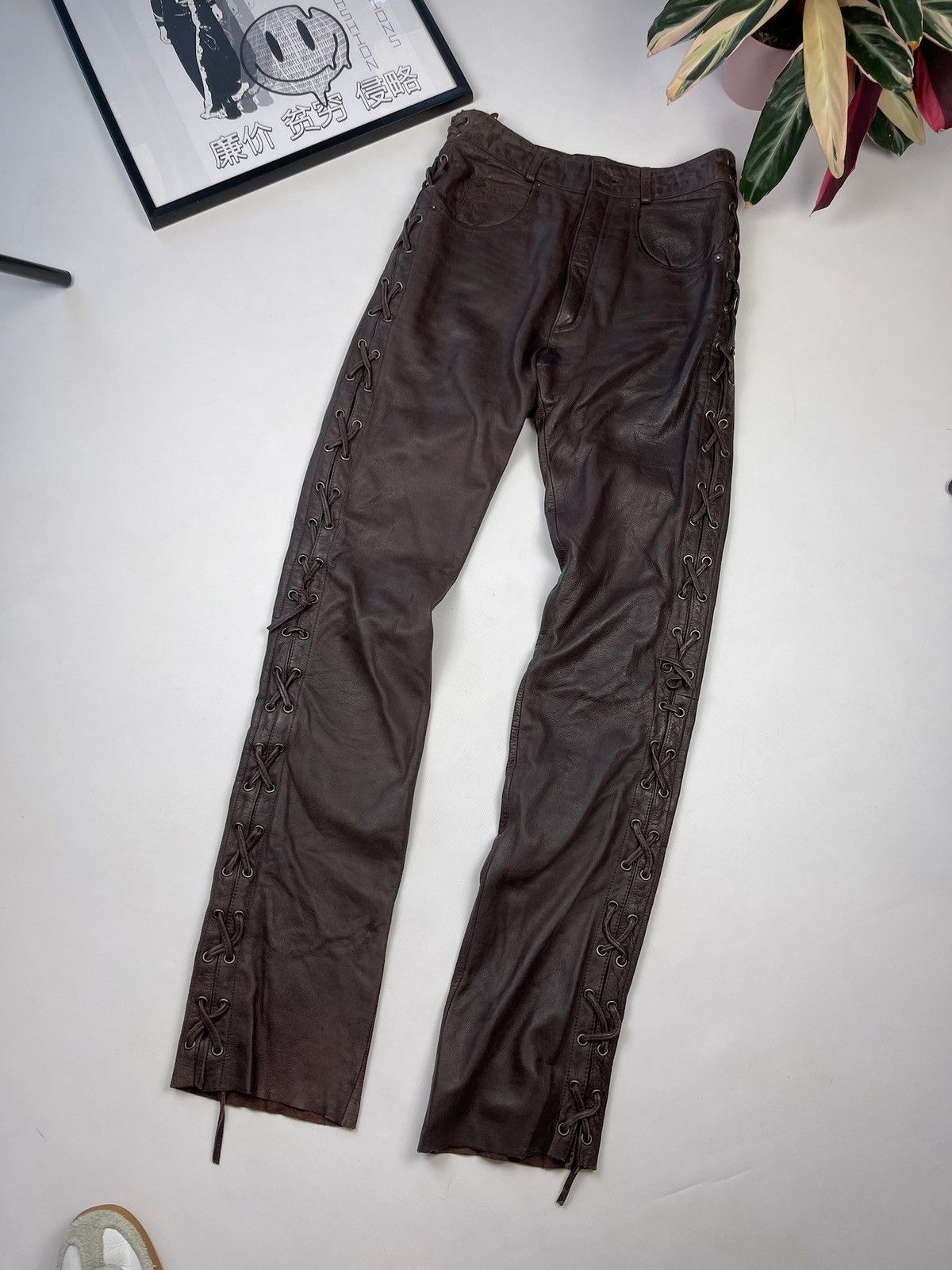Vintage Awesome brown leather pants skinny lace up bondage Size US 29 - 8 Thumbnail