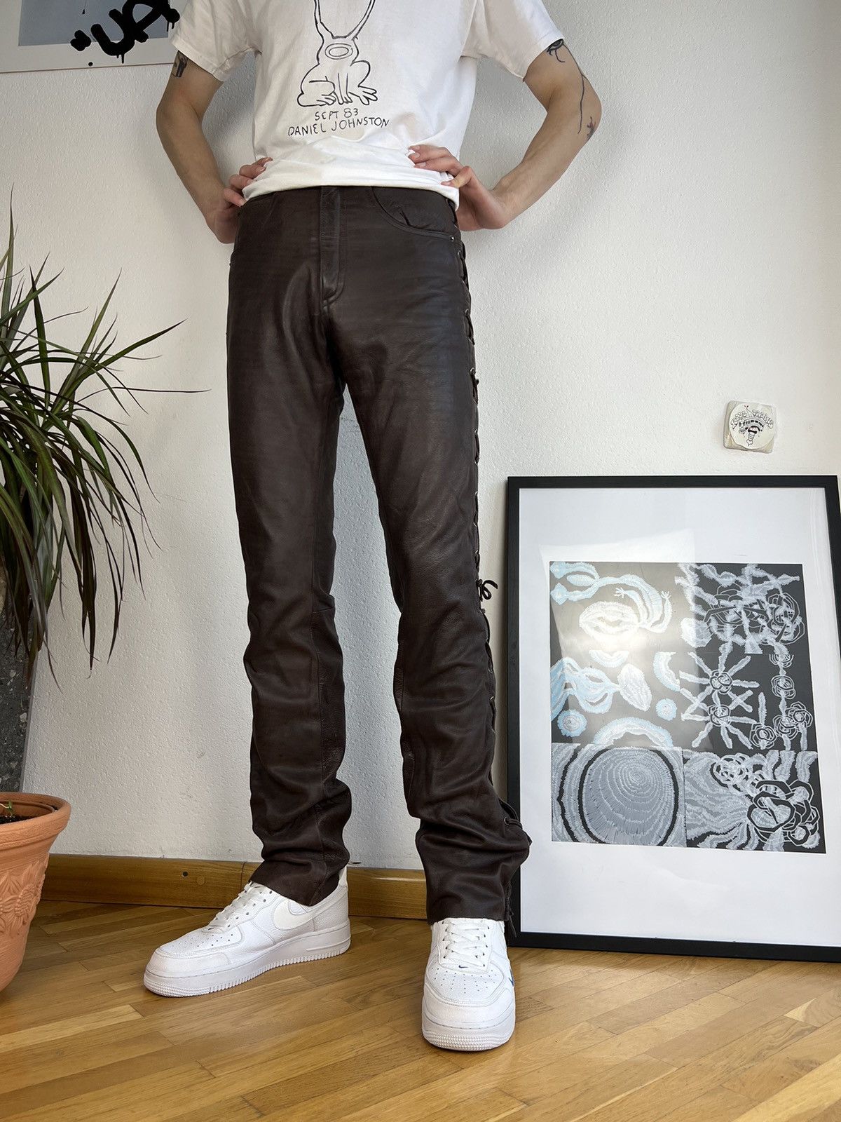 Vintage Awesome brown leather pants skinny lace up bondage Size US 29 - 2 Thumbnail