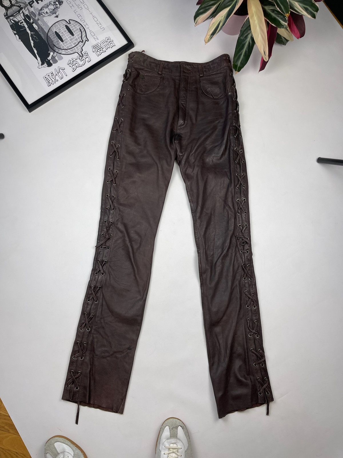 Vintage Awesome brown leather pants skinny lace up bondage Size US 29 - 3 Thumbnail