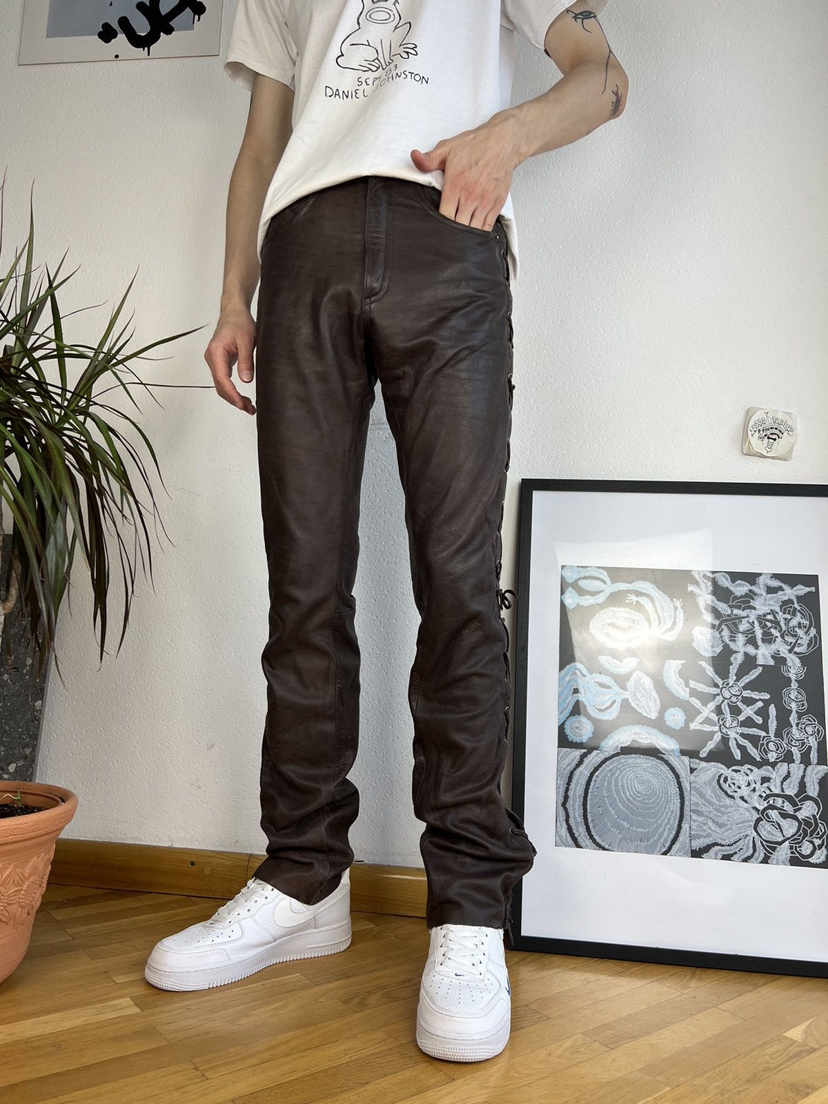 Vintage Awesome brown leather pants skinny lace up bondage Size US 29 - 4 Thumbnail