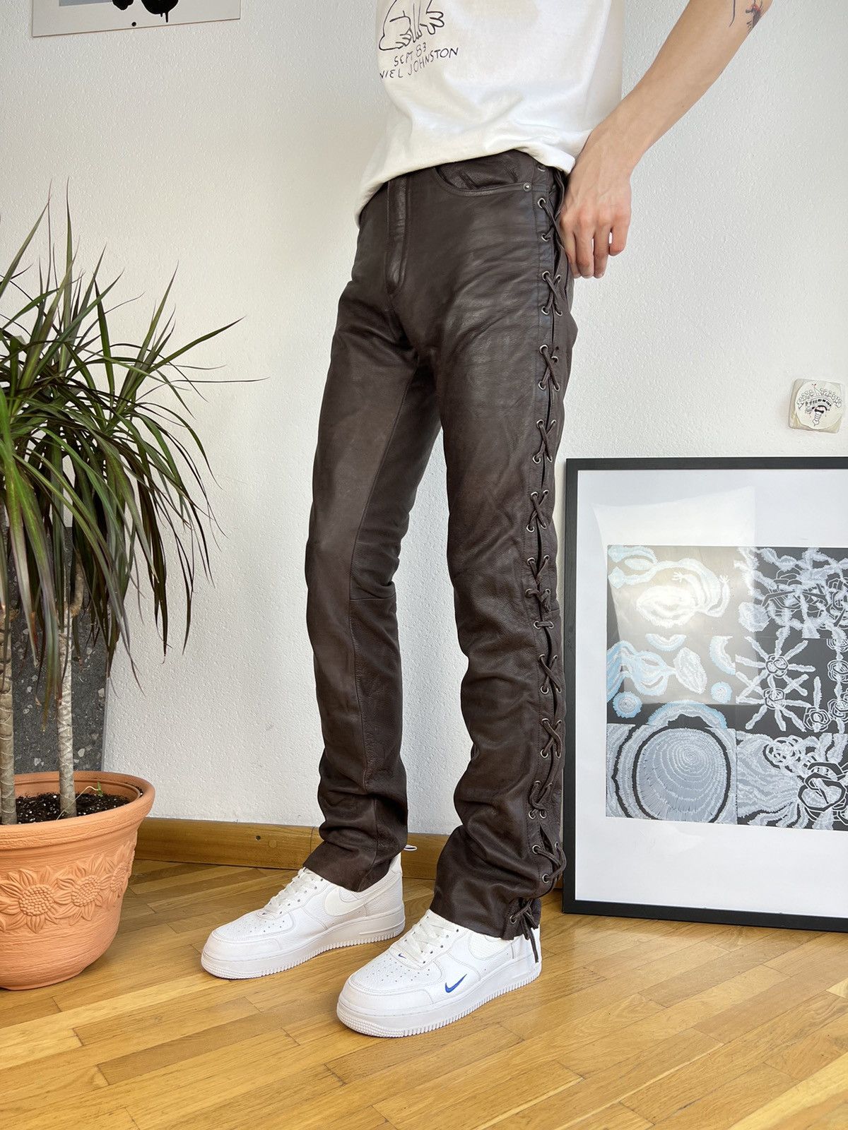 Vintage Awesome brown leather pants skinny lace up bondage Size US 29 - 1 Thumbnail