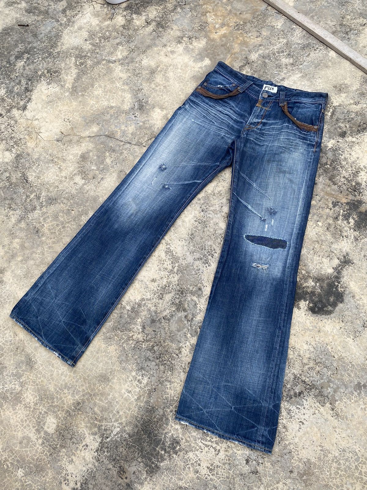 image of Archival Clothing x Distressed Denim Vintage Bartack Boro Stitch Flare Pant in Blue, Men's (Size 30