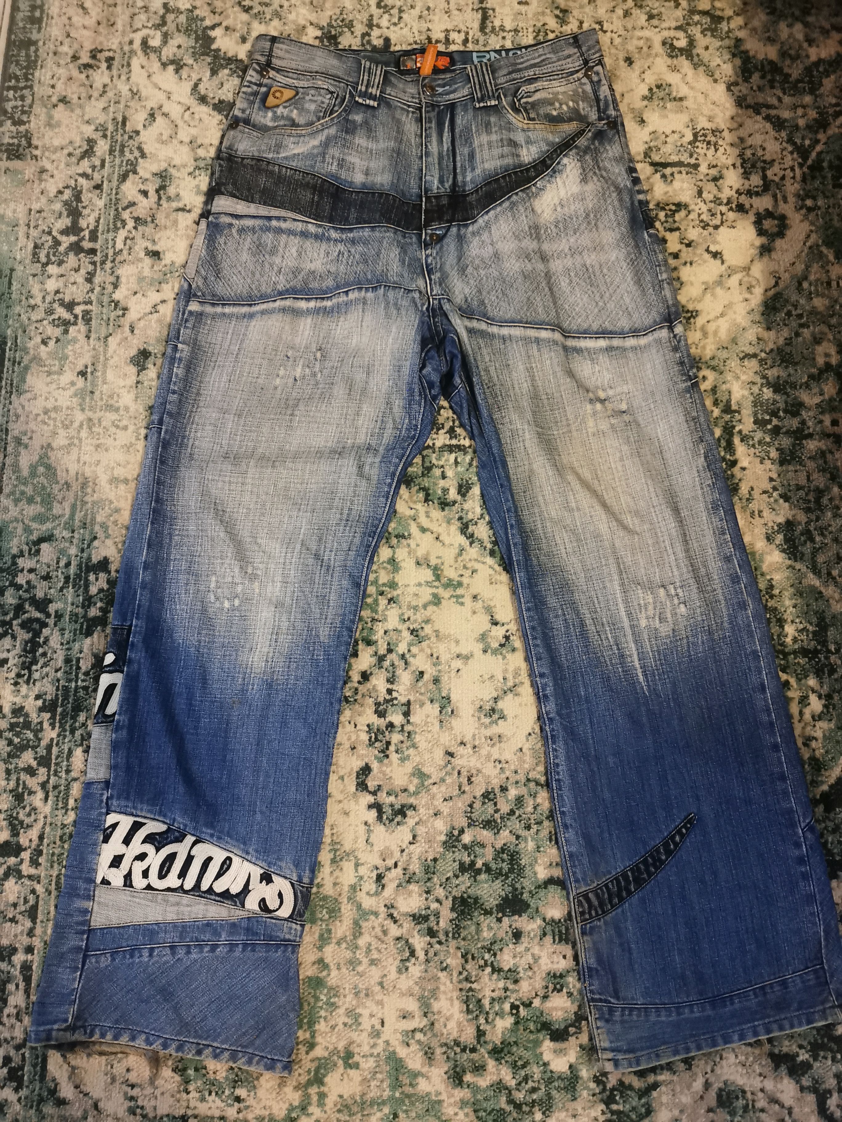 image of Vintage Akademiks Patchwork Embroider Jeans Hip Hop in Blue, Men's (Size 34)