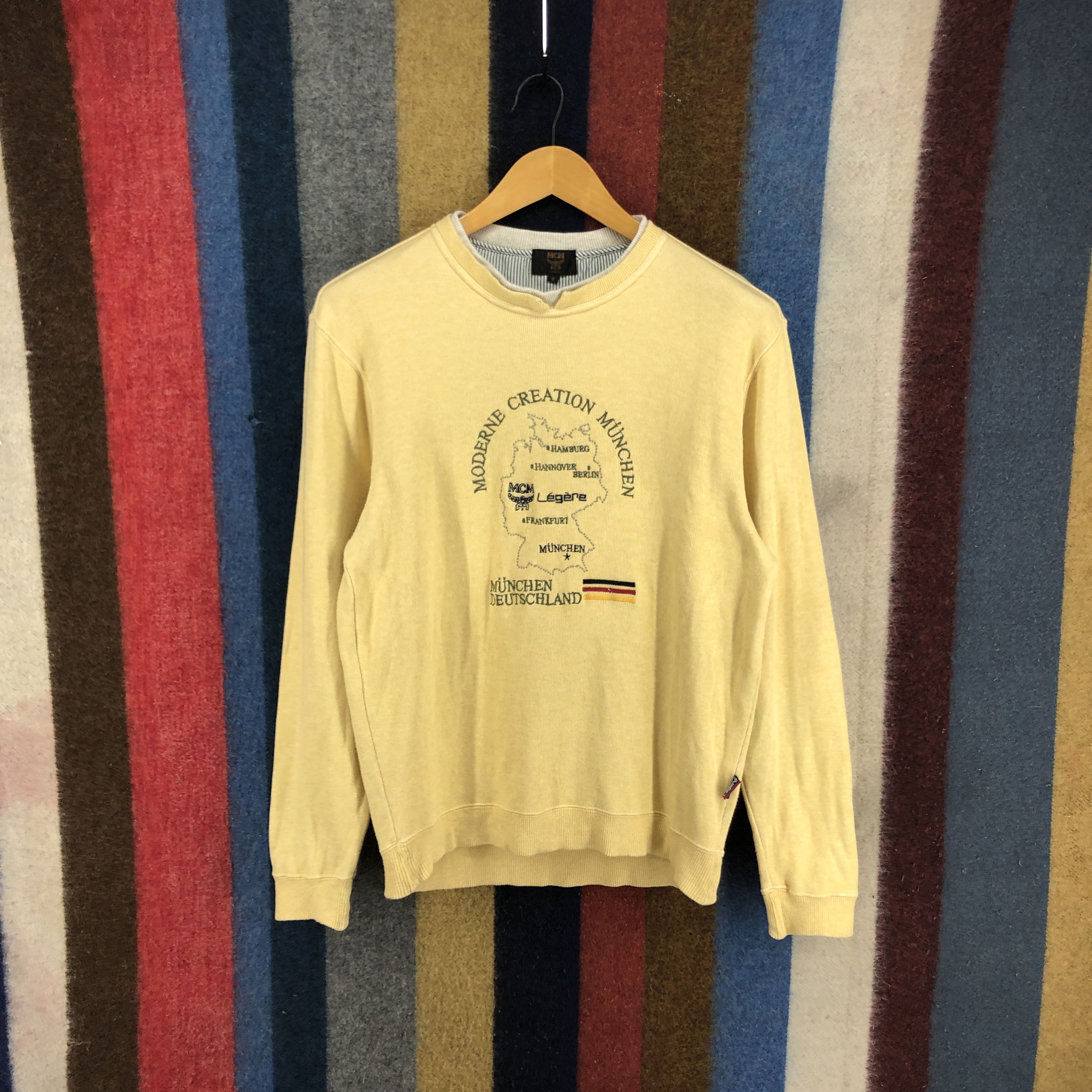image of Vintage MCM Legere Munchen Map Crew Neck Sweatshirt 0320/m in Yellow, Men's (Size Small)